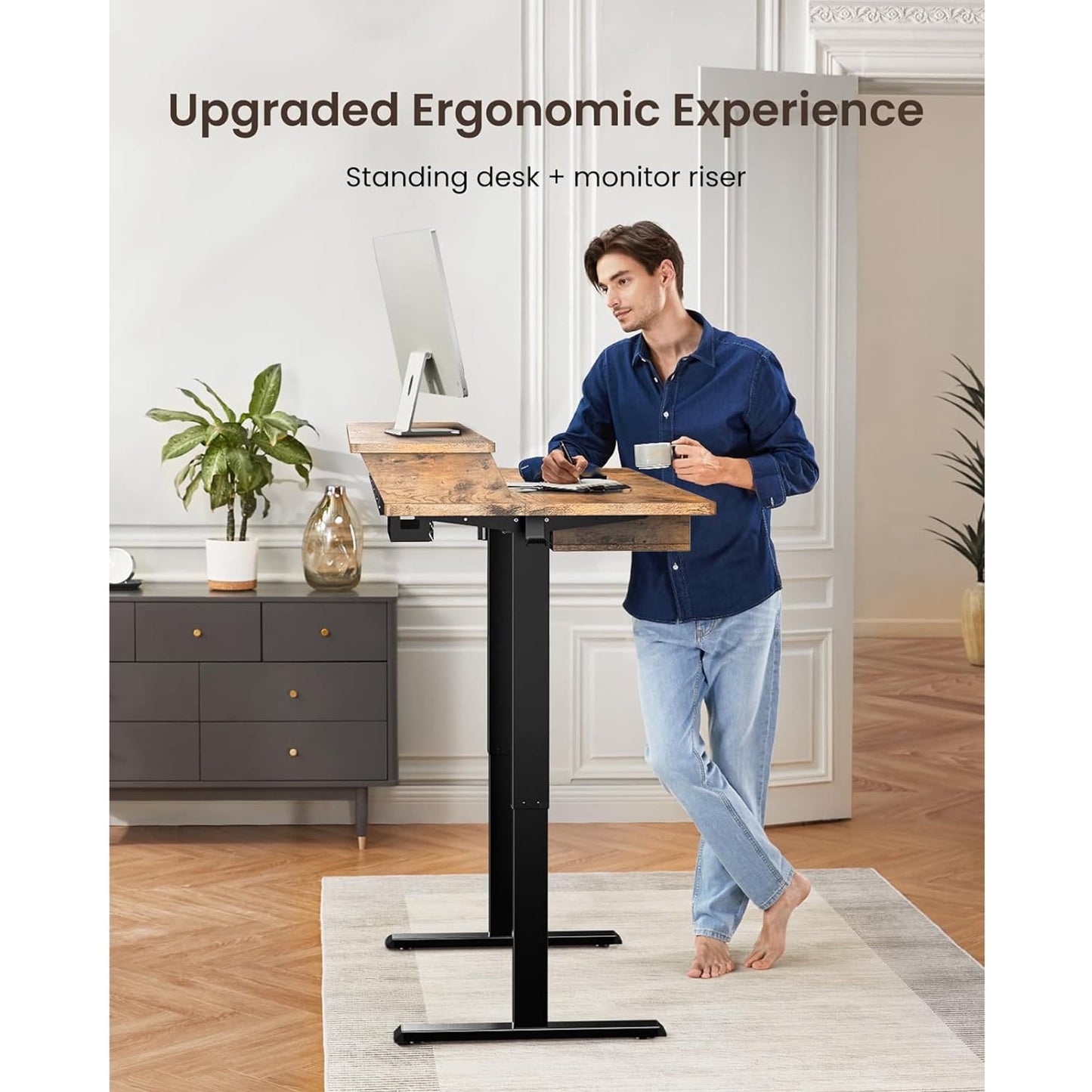 CHITOOMA 63″ x 30″ Standing Desk with Drawers, Electric Height Adjustable Sit Stand Desk with Storage Shelf, 4 Memory Preset Computer Desk with Cable Management Tray for Home Office, Brown
