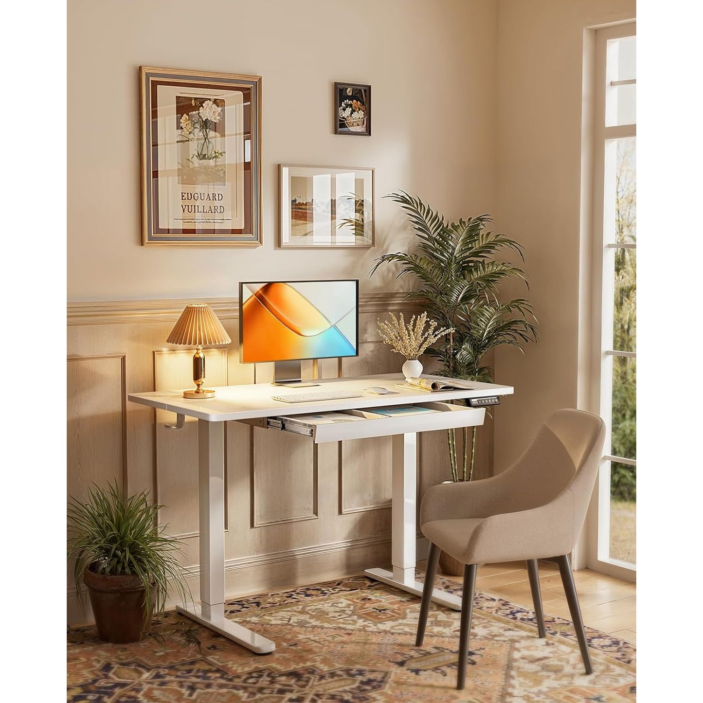 CHITOOMA Electric Standing Desk with Built-in Drawer, 44" x 24" Adjustable Height Computer Desk, 4 Memory Presets for Home Office, White