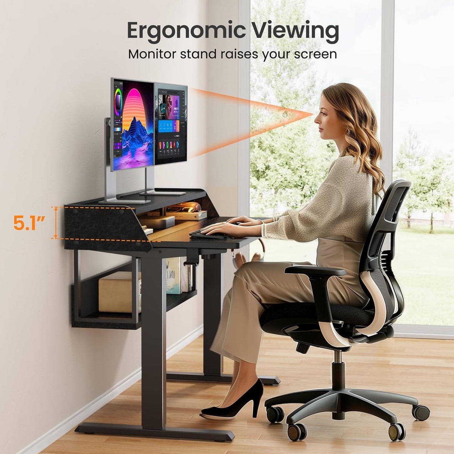 CHITOOMA Electric Standing Desk with LED & Storage, 48" x 24" Height Adjustable Computer Desk, C-Clamp Mount Compatible Ergonomic Table for Home Office, Black