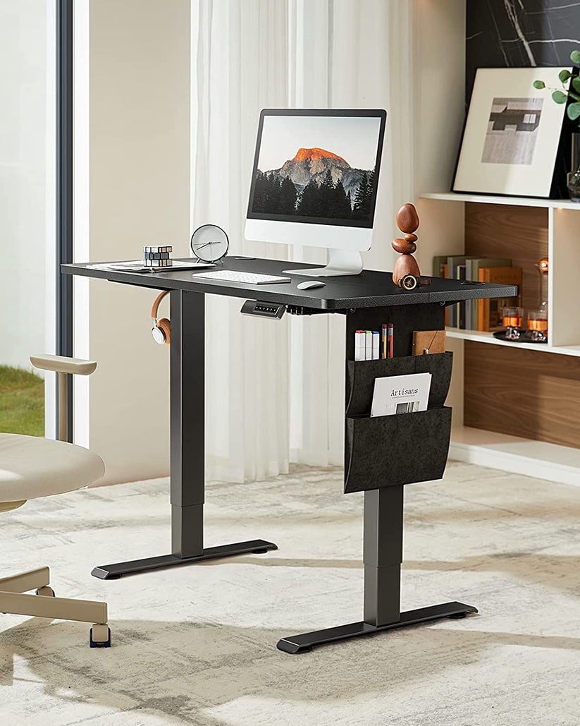 CHITOOMA Electric Standing Desk with Storage Bag, 48" x 24" Adjustable Height Sit to Stand Desk with 4 Memory Pre-Set, Headphone Hook for Home Office, Black