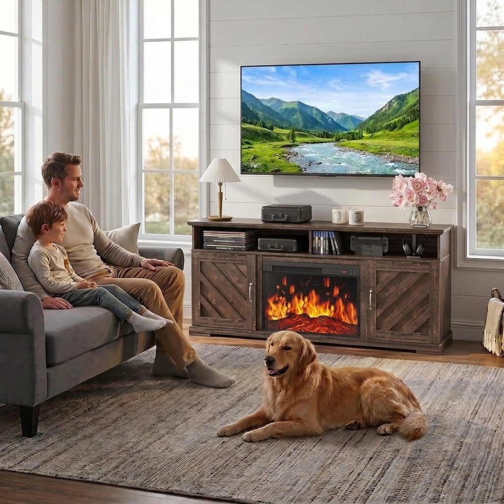 CHITOOMA Electric Fireplace TV Stand for 65 70 75 inch TV with Remote Control, Farmhouse Entertainment Center with 23″ Fireplace for Living Room, Bedroom,Vintage Brown