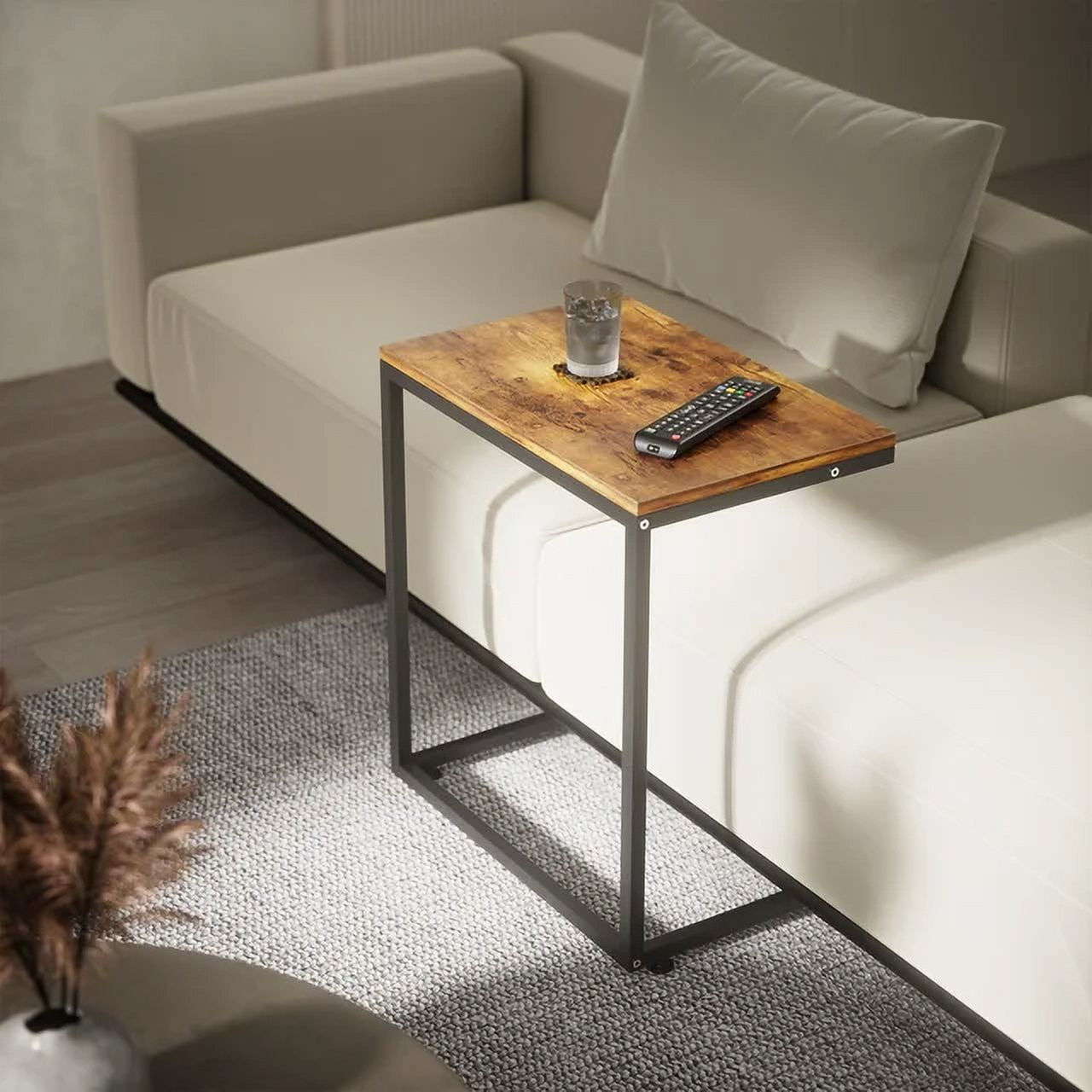 2 PCS C Shaped Sofa Side End Table，Side Table TV Tray Table for Sofa,Couch Table with metal frame for livingroom,Bedroom,Rustic Brown