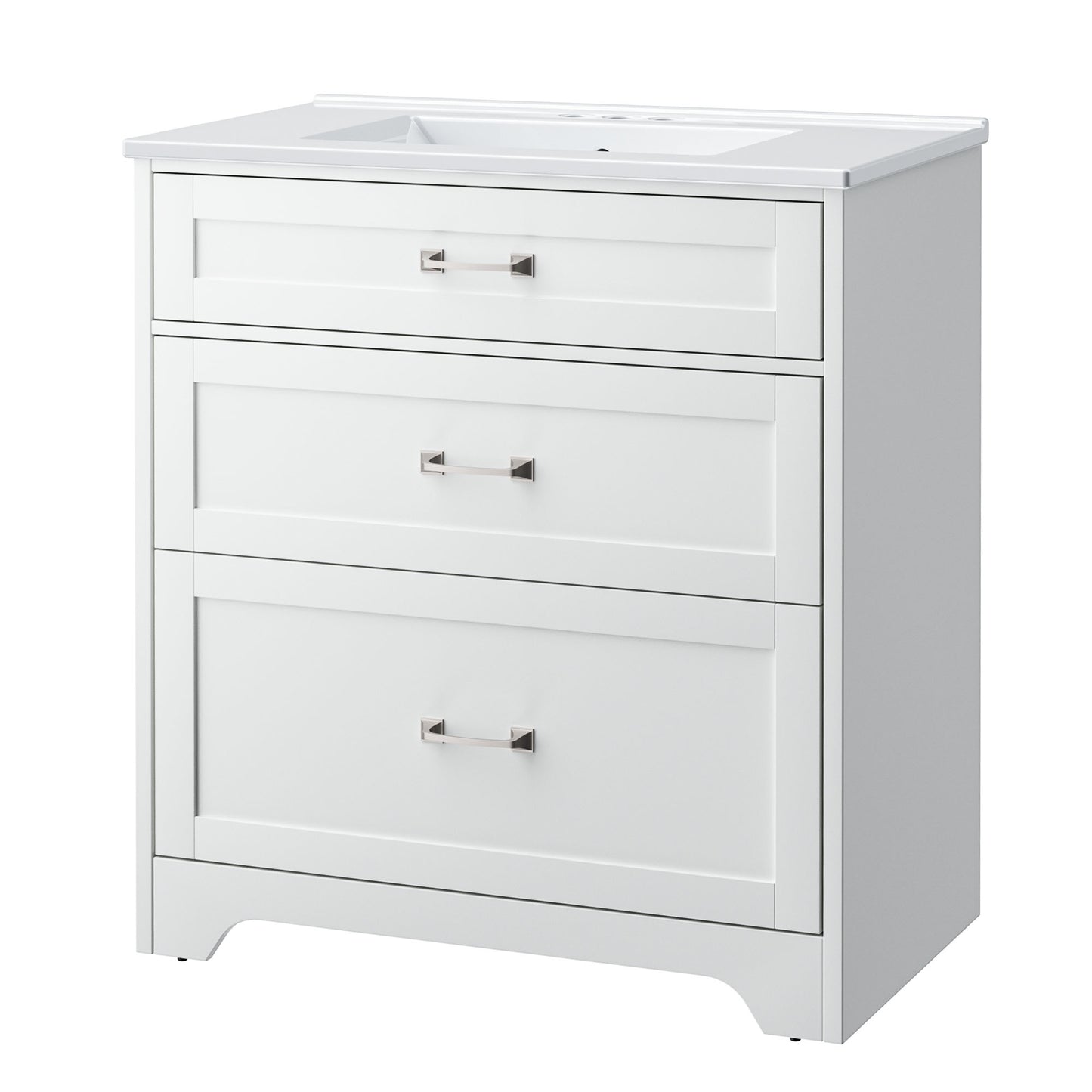 CHITOOMA 30" Bathroom Vanity with Ceramic Sink, Freestanding Modern Vanity Cabinet with 1 Tilt-Out Drawer and 2 Drawers, White