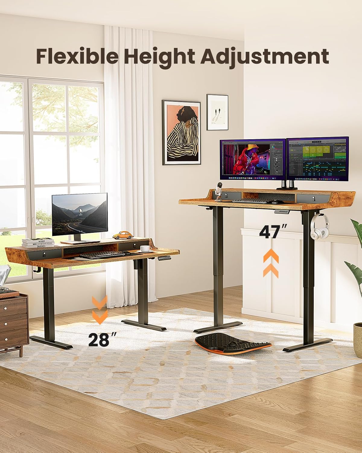 CHITOOMA 63″ x 28″ Electric Standing Desk with Drawers, Height Adjustable Gaming Desk with Monitor Stand & Storage Shelf, 4 Preset Heights for Home Office, Brown