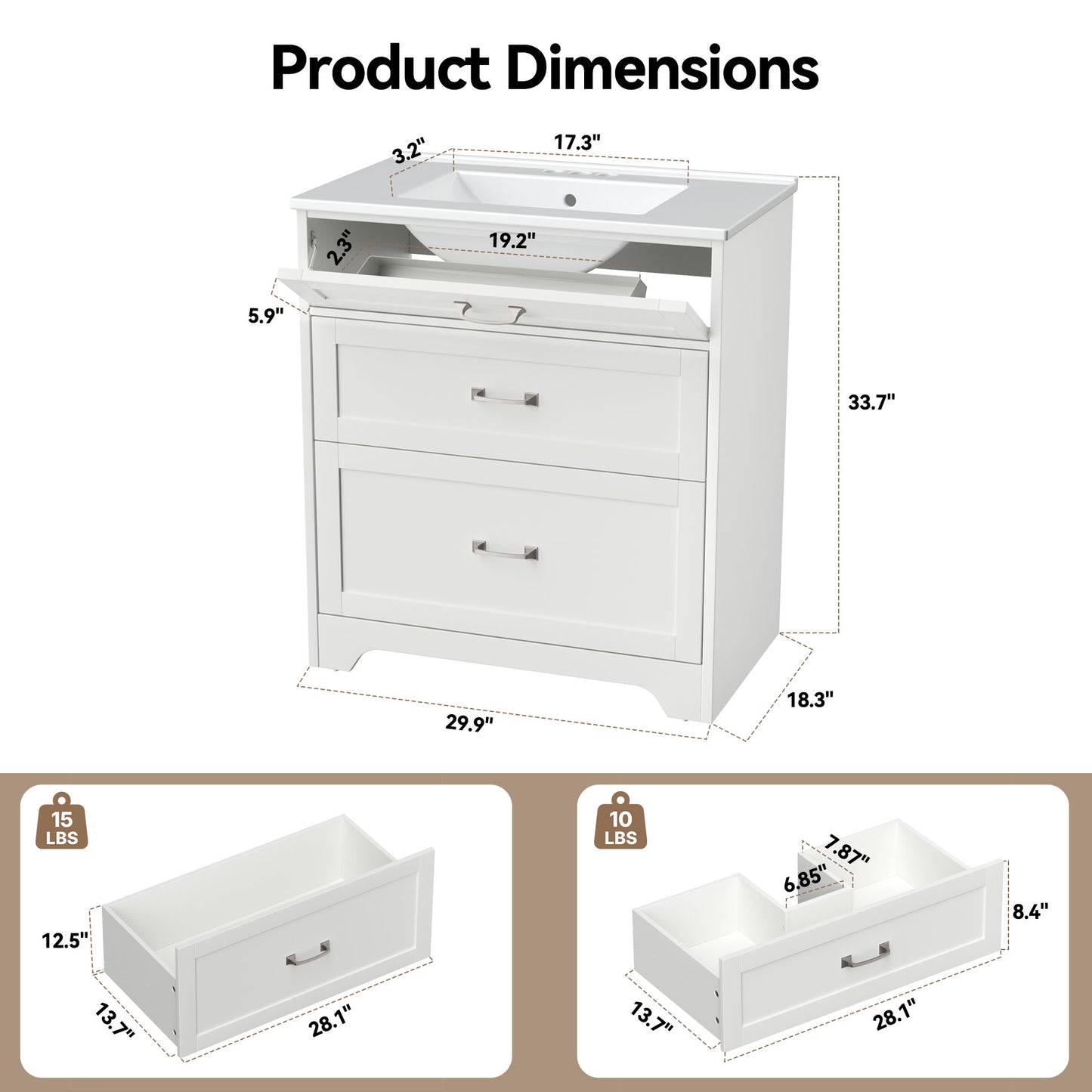 CHITOOMA 30" Bathroom Vanity with Ceramic Sink, Freestanding Modern Vanity Cabinet with 1 Tilt-Out Drawer and 2 Drawers, White