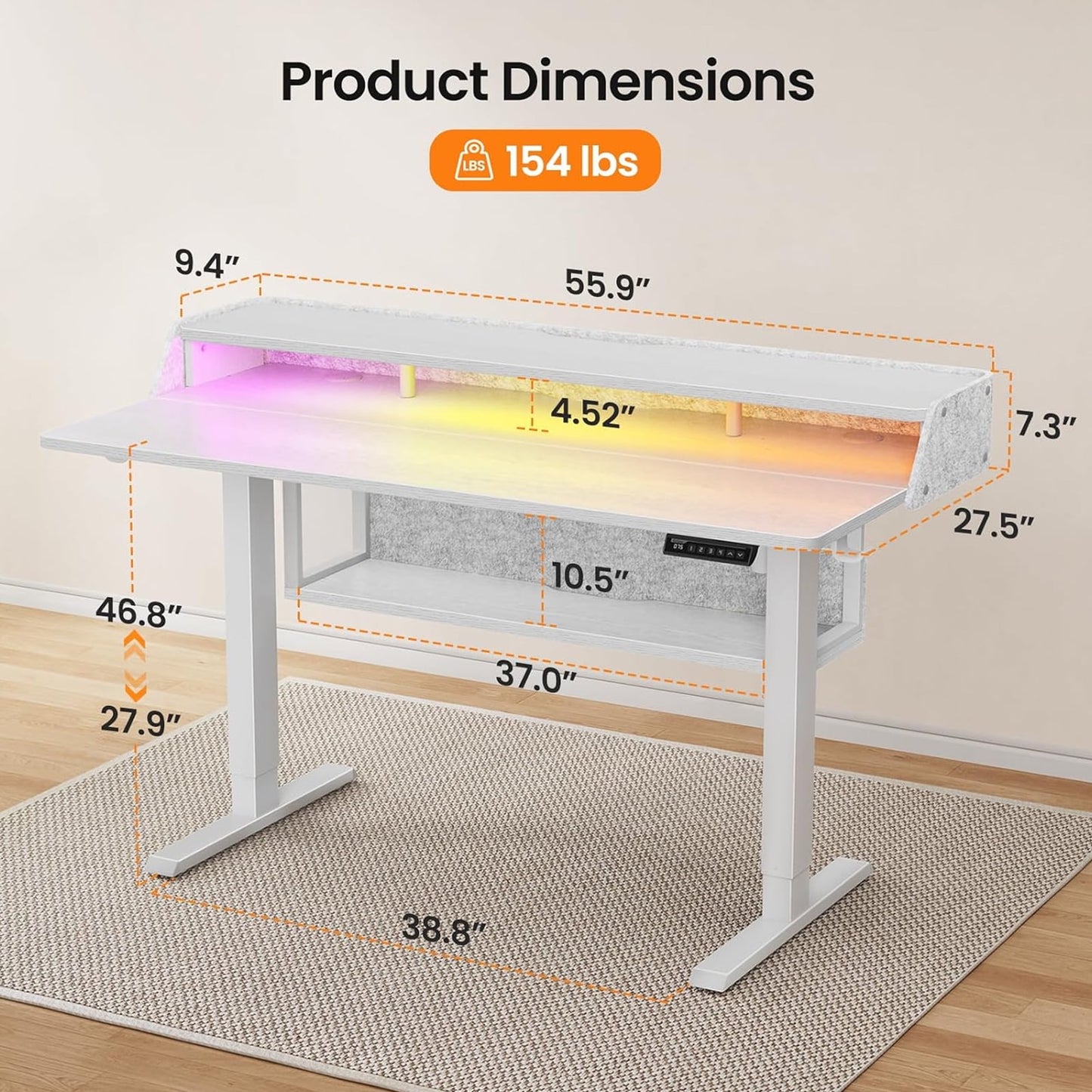 CHITOOMA Electric Standing Desk with LED & Storage, 55" x 28" Height Adjustable Computer Desk, C-Clamp Mount Compatible Ergonomic Table for Home Office, White