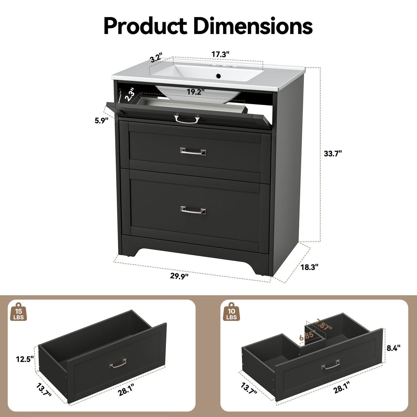 CHITOOMA 30" Bathroom Vanity with Ceramic Sink, Freestanding Modern Vanity Cabinet with 1 Tilt-Out Drawer and 2 Drawers, Black