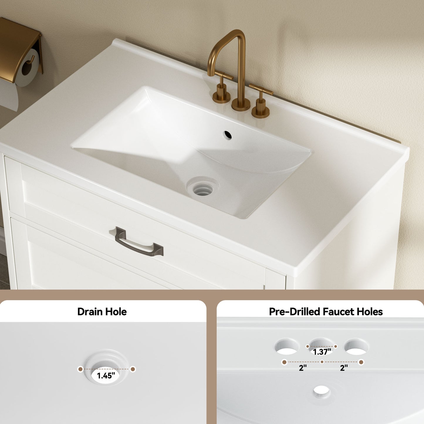 CHITOOMA 30" Bathroom Vanity with Ceramic Sink, Freestanding Modern Vanity Cabinet with 1 Tilt-Out Drawer and 2 Drawers, White
