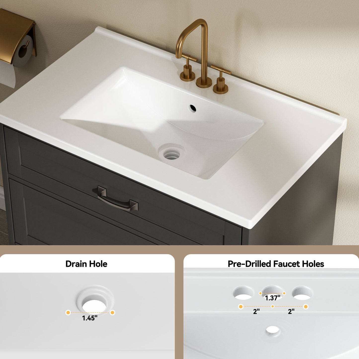 CHITOOMA 30" Bathroom Vanity with Ceramic Sink, Freestanding Modern Vanity Cabinet with 1 Tilt-Out Drawer and 2 Drawers, Black