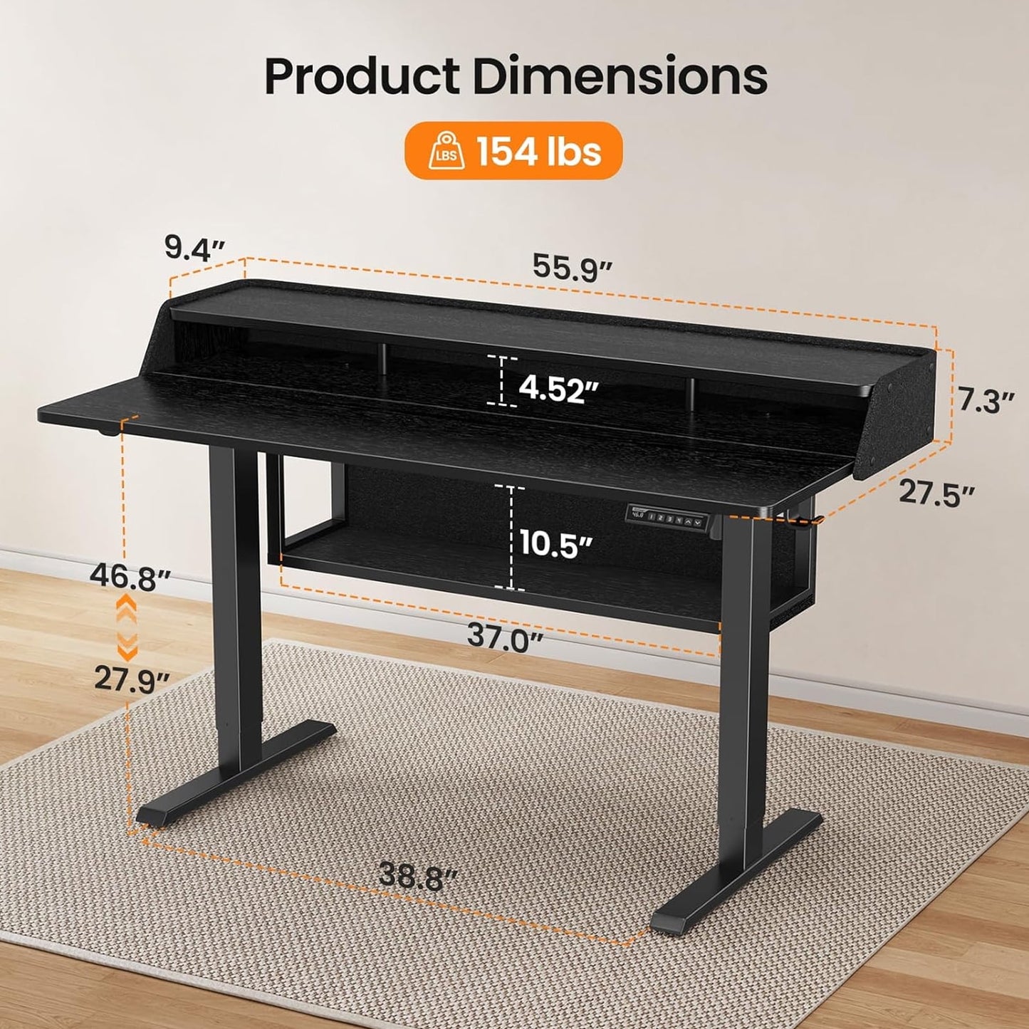 CHITOOMA Electric Standing Desk with LED & Storage, 55" x 28" Height Adjustable Computer Desk, C-Clamp Mount Compatible Ergonomic Table for Home Office, Black