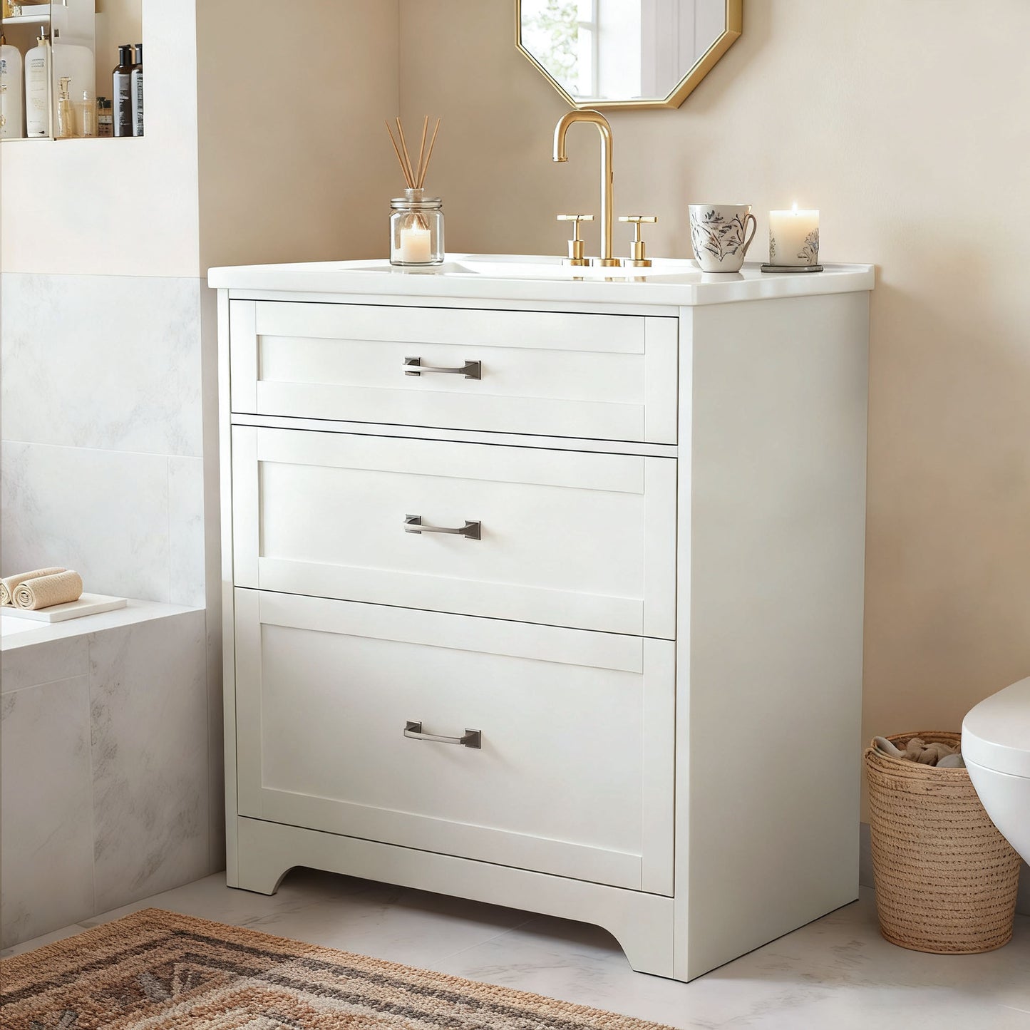 CHITOOMA 30" Bathroom Vanity with Ceramic Sink, Freestanding Modern Vanity Cabinet with 1 Tilt-Out Drawer and 2 Drawers, White