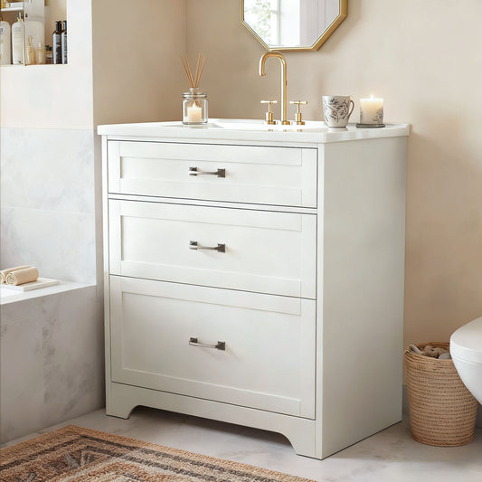CHITOOMA 30" Bathroom Vanity with Ceramic Sink, Freestanding Modern Vanity Cabinet with 1 Tilt-Out Drawer and 2 Drawers, White