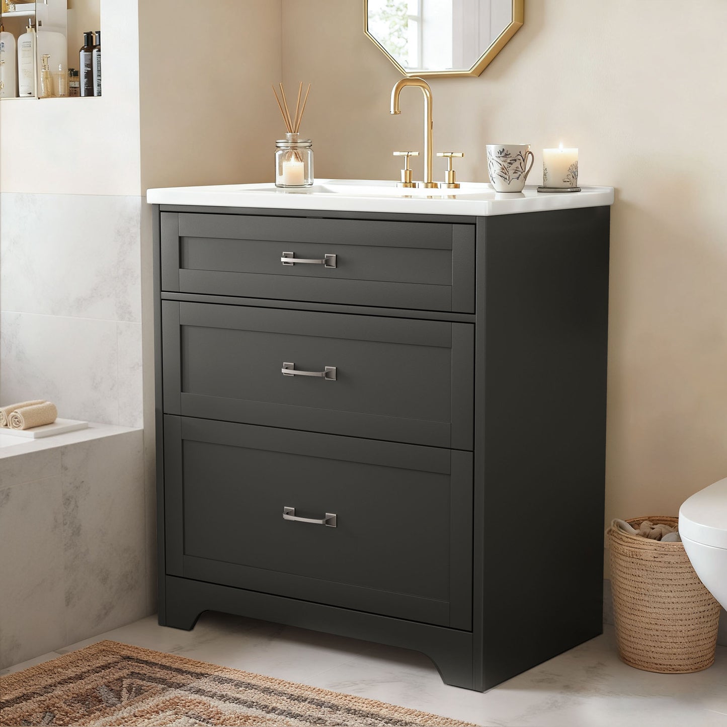 CHITOOMA 30" Bathroom Vanity with Ceramic Sink, Freestanding Modern Vanity Cabinet with 1 Tilt-Out Drawer and 2 Drawers, Black