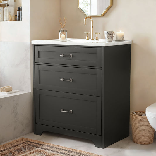 CHITOOMA 30" Bathroom Vanity with Ceramic Sink, Freestanding Modern Vanity Cabinet with 1 Tilt-Out Drawer and 2 Drawers, Black