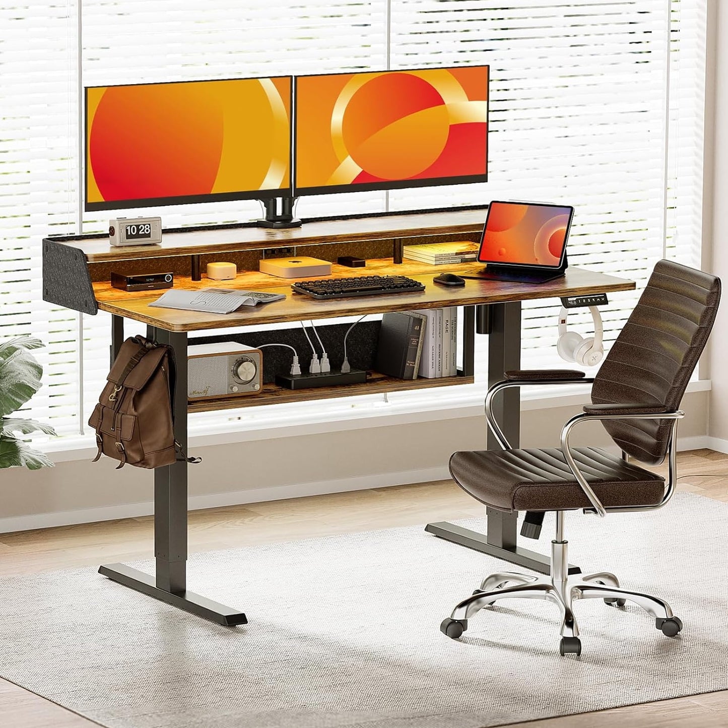 CHITOOMA Electric Standing Desk with LED & Storage, 55" x 28" Height Adjustable Computer Desk, C-Clamp Mount Compatible Ergonomic Table for Home Office, Brown