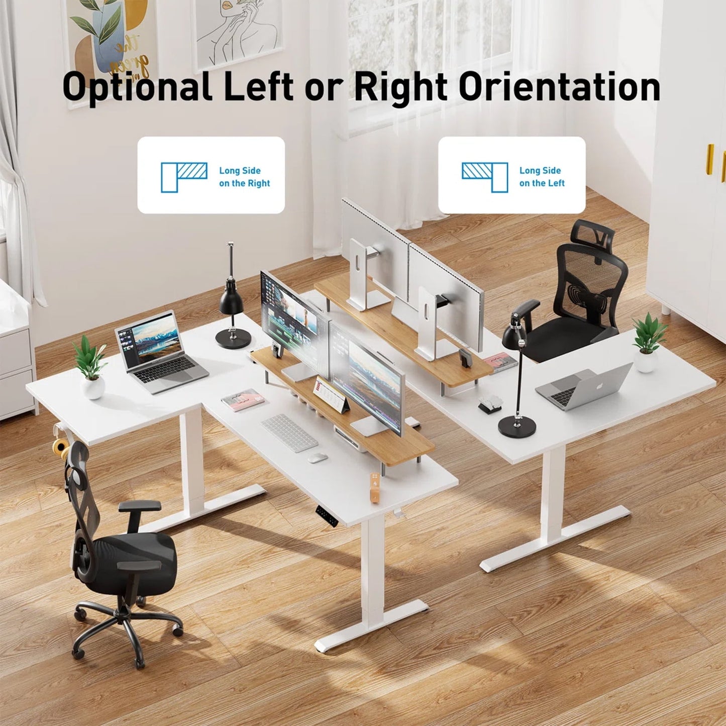 CHITOOMA L-Shaped Electric Standing Desk with Cable Tray, 71″ x 48″ Dual Motor Height Adjustable Sit to Stand Computer Desk with 3 Preset Heights, 2 Hooks for Home Office, White