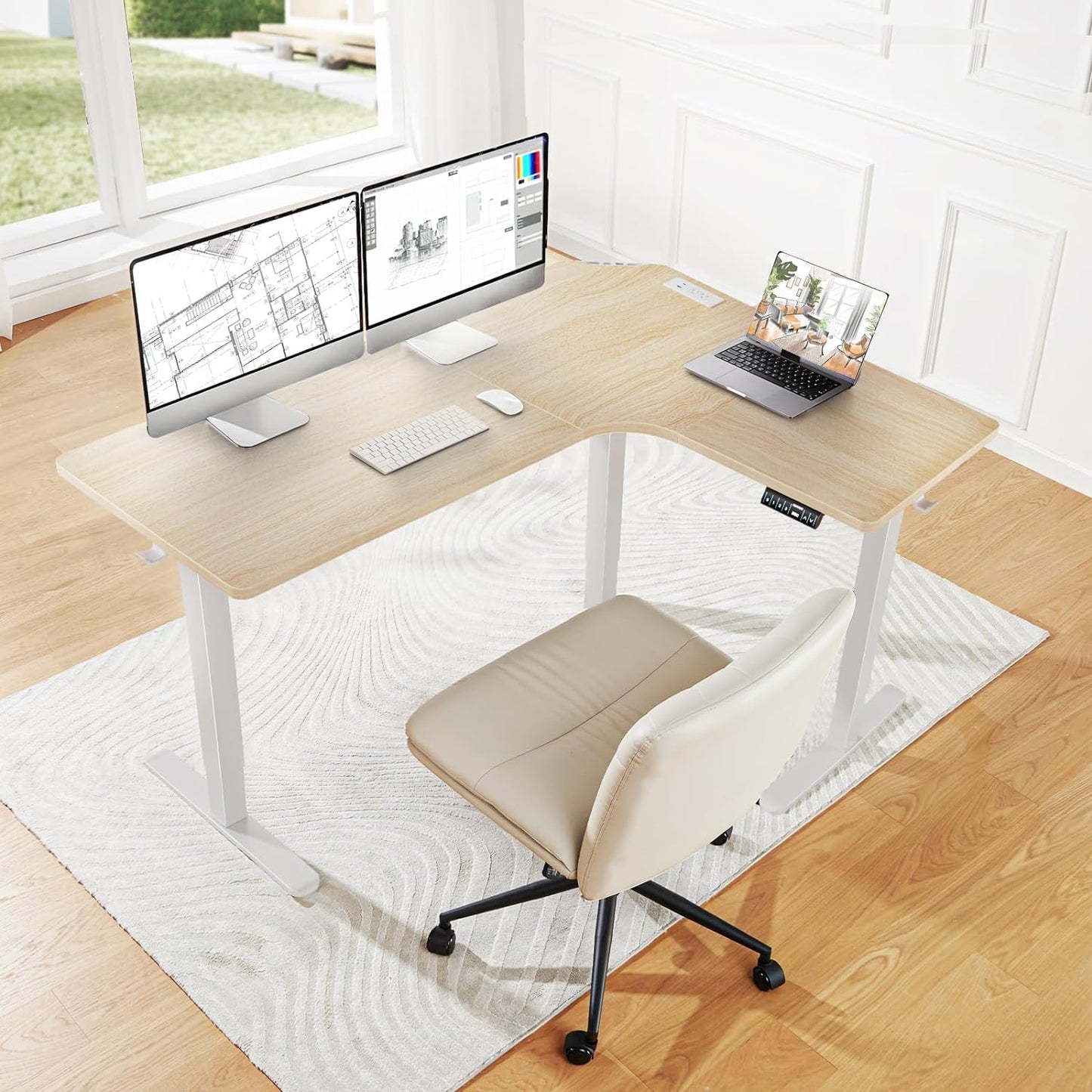 CHITOOMA 63″ Dual Motor L-Shaped Standing Desk, Built-in Power Outlets, Electric Height Adjustable , Large Power Strip Holder, Sit Stand Up Desk with 3 Preset Heights, Natural Wood
