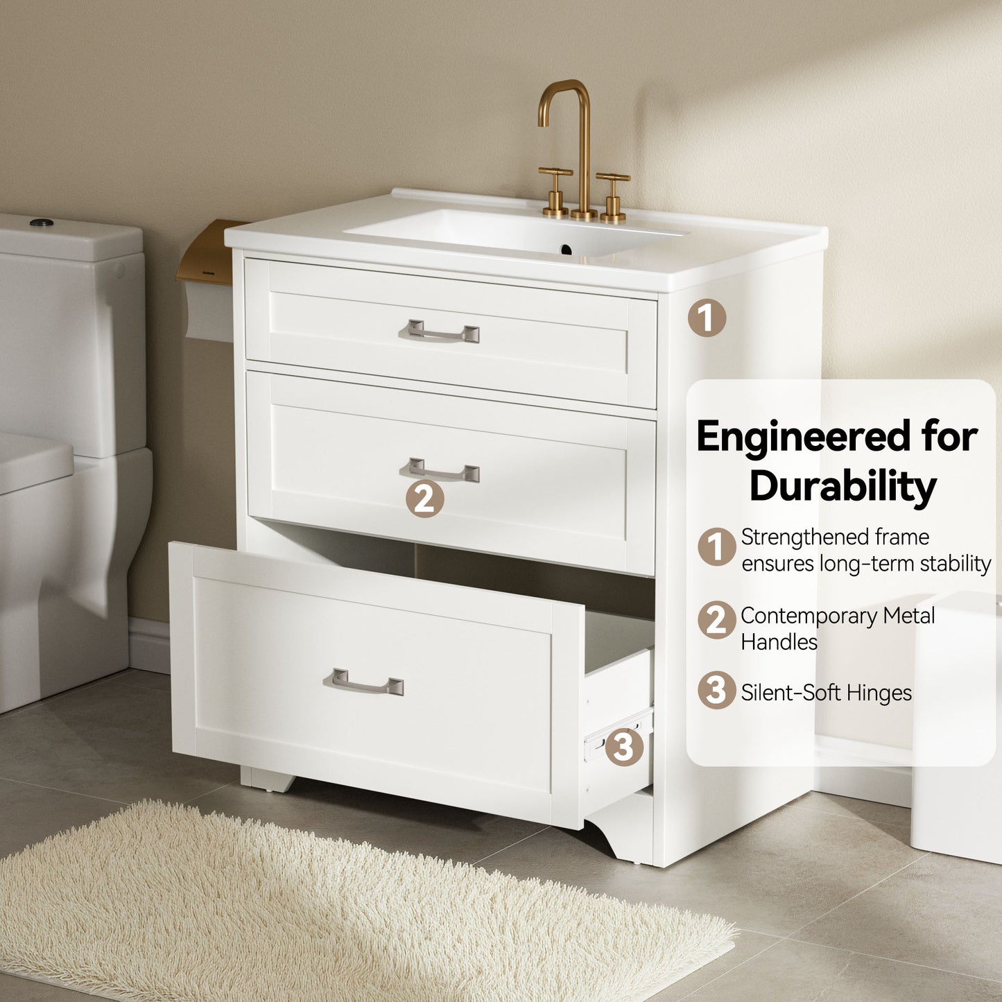 CHITOOMA 30" Bathroom Vanity with Ceramic Sink, Freestanding Modern Vanity Cabinet with 1 Tilt-Out Drawer and 2 Drawers, White
