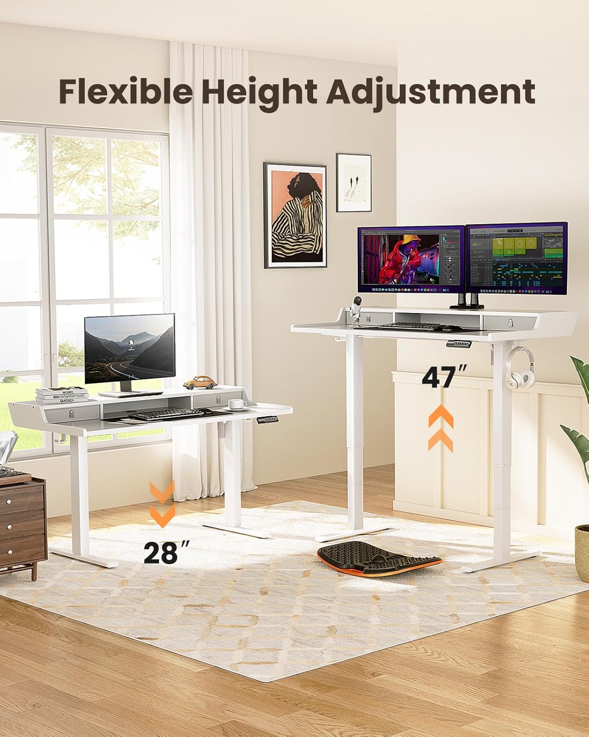 CHITOOMA 63″ x 28″ Electric Standing Desk with Drawers, Height Adjustable Gaming Desk with Monitor Stand & Storage Shelf, 4 Preset Heights for Home Office, White
