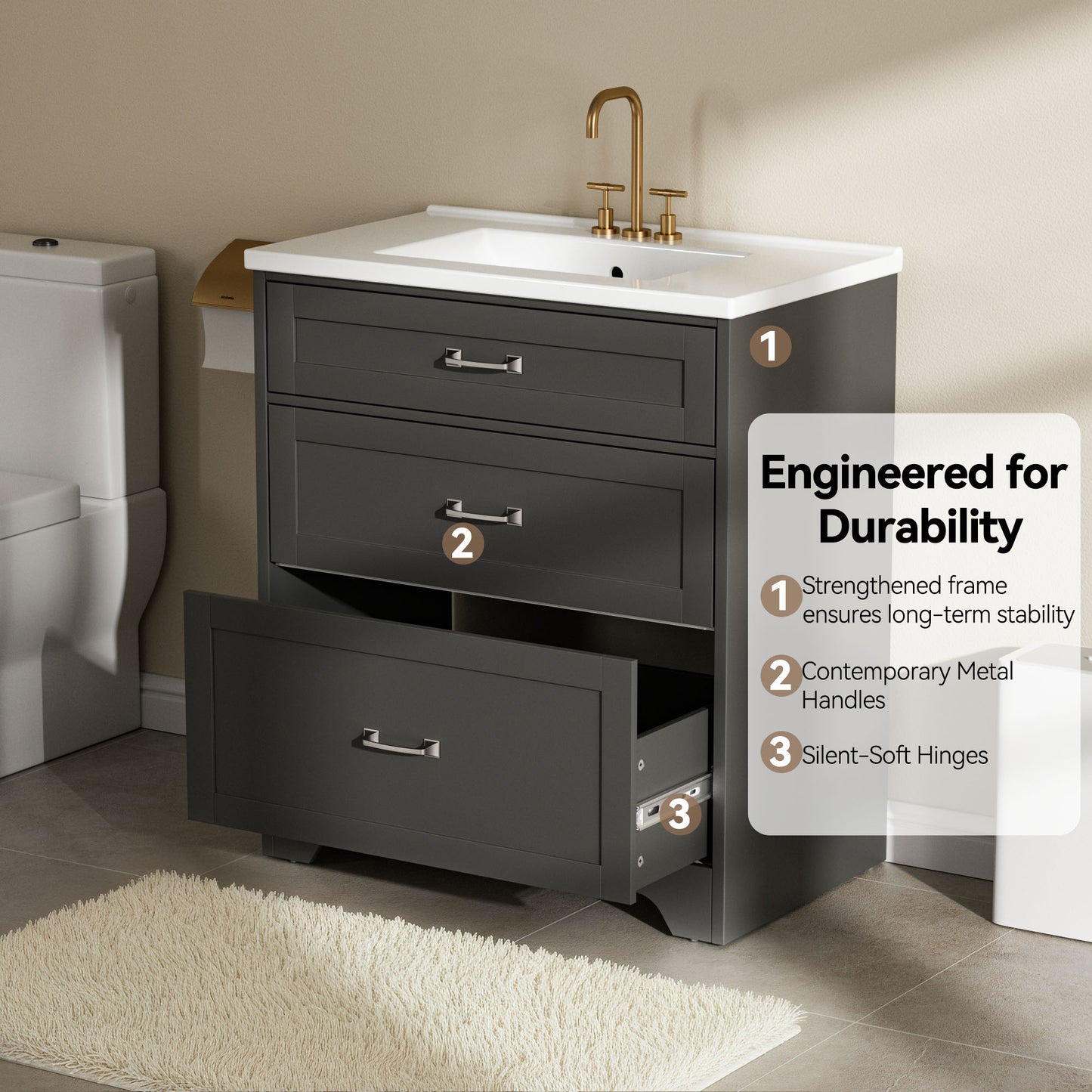 CHITOOMA 30" Bathroom Vanity with Ceramic Sink, Freestanding Modern Vanity Cabinet with 1 Tilt-Out Drawer and 2 Drawers, Black