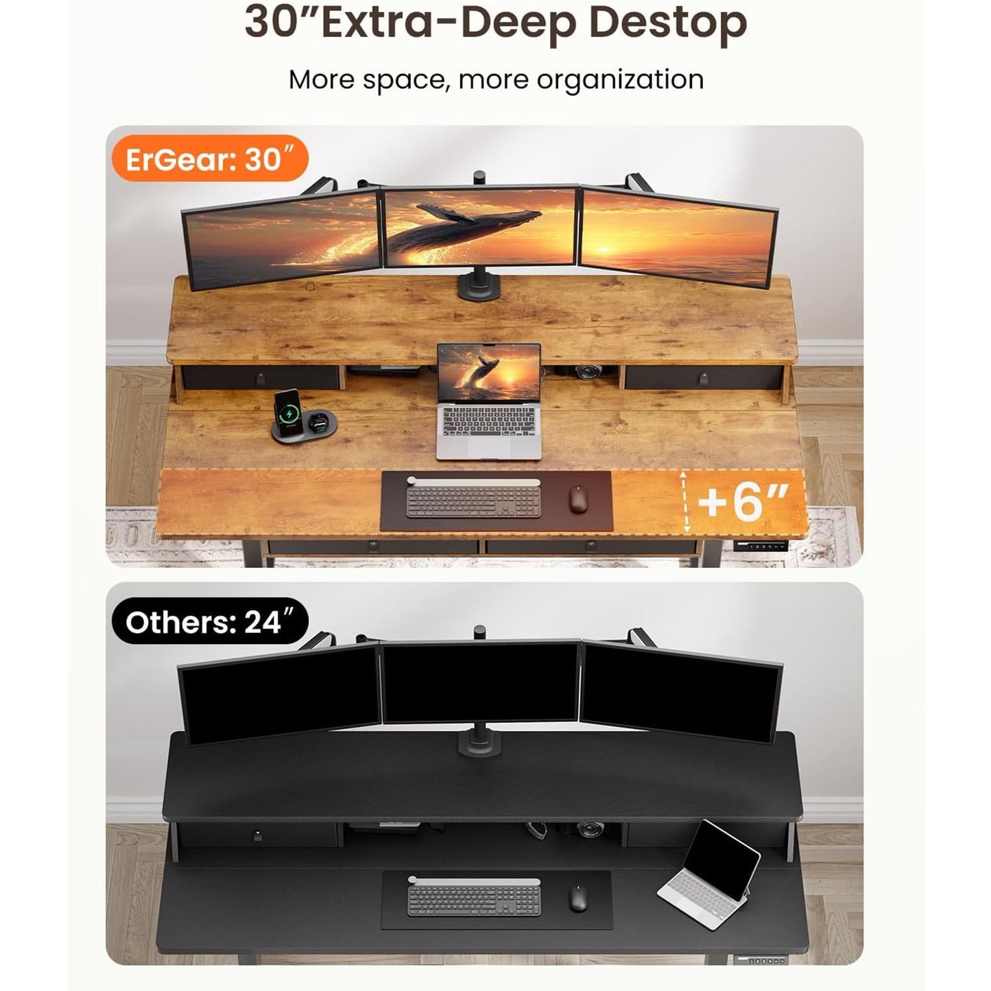 CHITOOMA 63″ x 30″ Standing Desk with Drawers, Electric Height Adjustable Sit Stand Desk with Storage Shelf, 4 Memory Preset Computer Desk with Cable Management Tray for Home Office, Brown