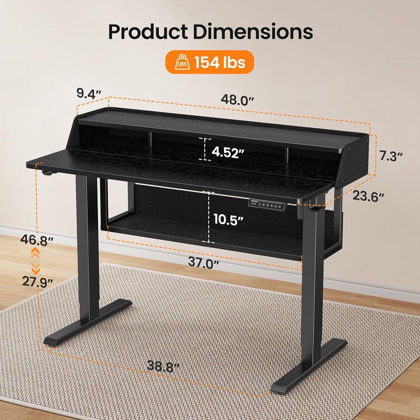 CHITOOMA Electric Standing Desk with LED & Storage, 48" x 24" Height Adjustable Computer Desk, C-Clamp Mount Compatible Ergonomic Table for Home Office, Black