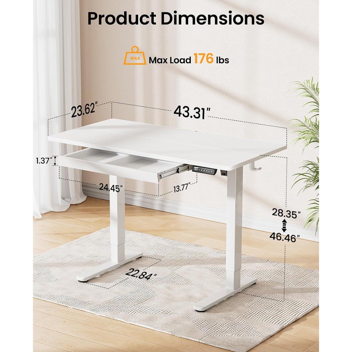 CHITOOMA Electric Standing Desk with Built-in Drawer, 44" x 24" Adjustable Height Computer Desk, 4 Memory Presets for Home Office, White