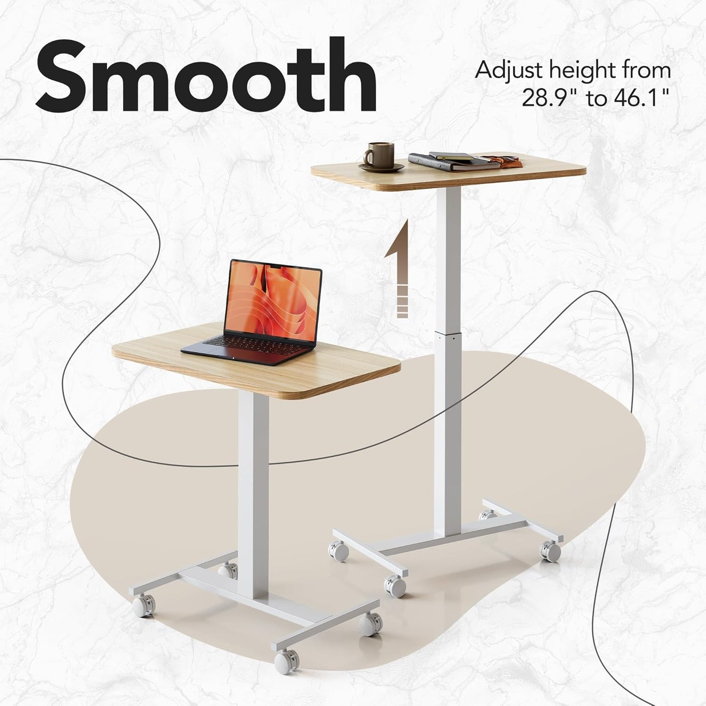 CHITOOMA Small Rolling Standing Desk, Wider Height Adjustable Mobile Desk with 4 Lockable Wheels, Portable Sit-Stand Workstation for Bedside & Sofa, Light Walunt