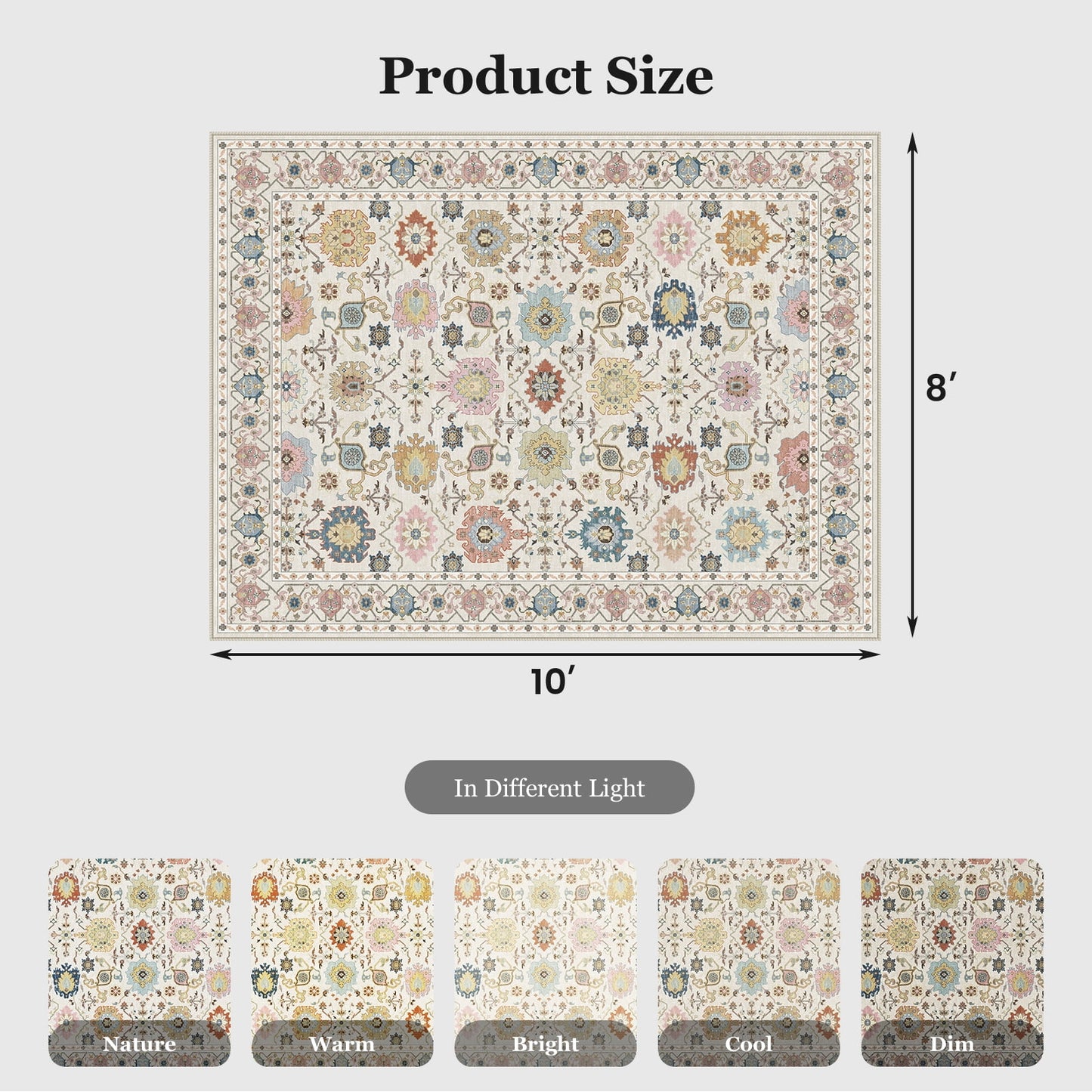 CHITOOMA 8'x10' Area Rugs for Living Room, Boho Machine Washable Floral Area Rug with Non-Slip Backing, Stain Resistant Non-Shed Carpet for Bedroom, Dining Room, Dorm, Office