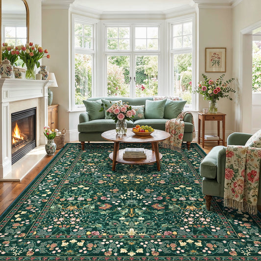 CHITOOMA 9'x12' Area Rugs for Living Room, Floral Washable Rug Boho Non-Slip Printed Carpet, Vintage Stain Resistant Indoor Rug for Bedroom Dining Room Home Office