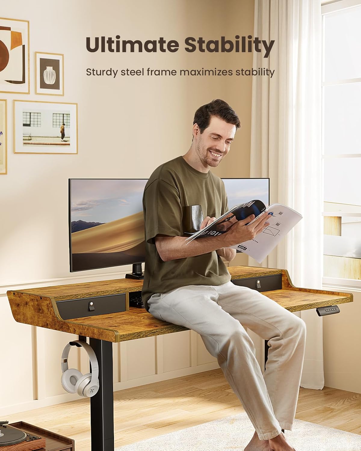 CHITOOMA 63″ x 28″ Electric Standing Desk with Drawers, Height Adjustable Gaming Desk with Monitor Stand & Storage Shelf, 4 Preset Heights for Home Office, Brown