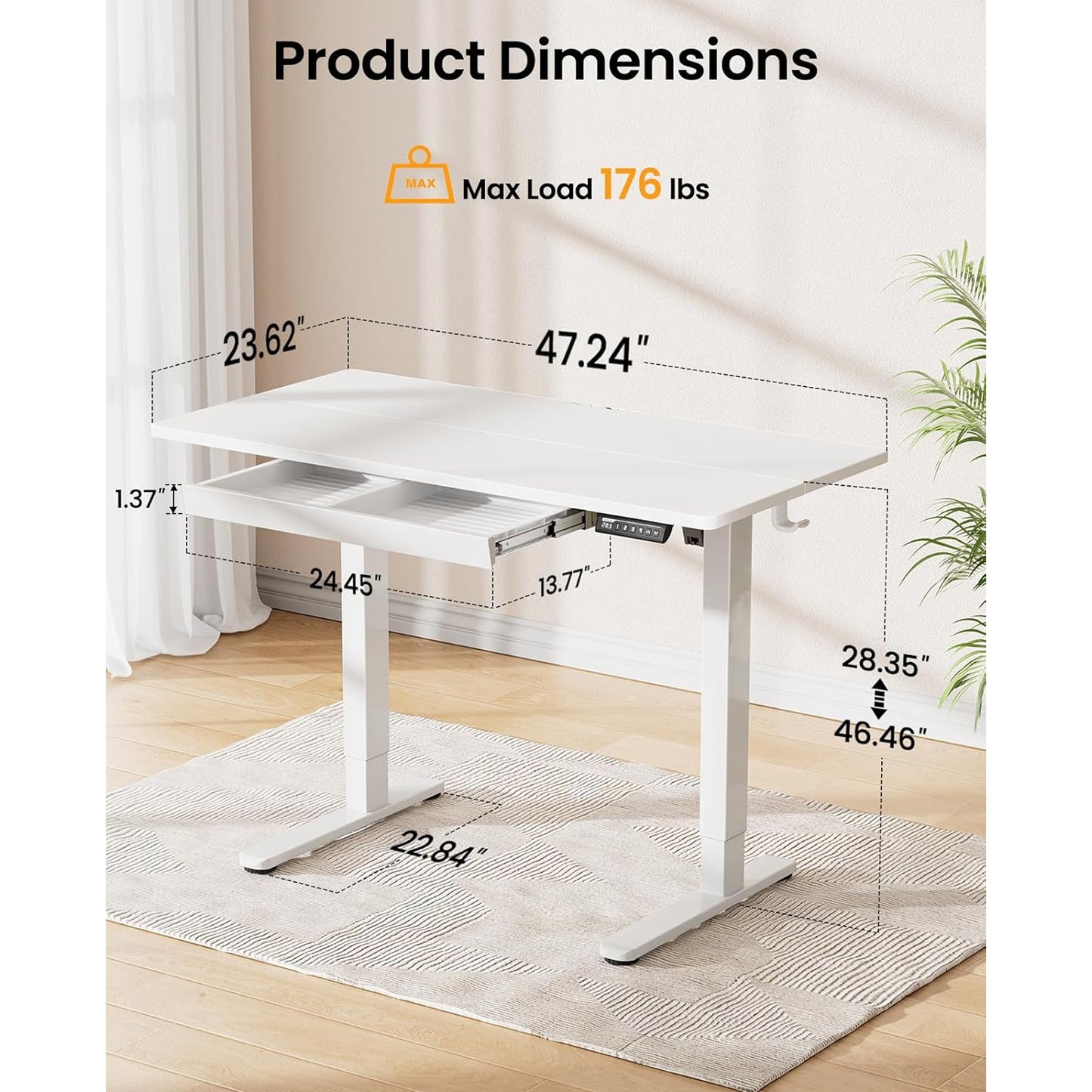 CHITOOMA Electric Standing Desk with Built-in Drawer, 48" x 24" Adjustable Height Computer Desk, 4 Memory Presets for Home Office, White