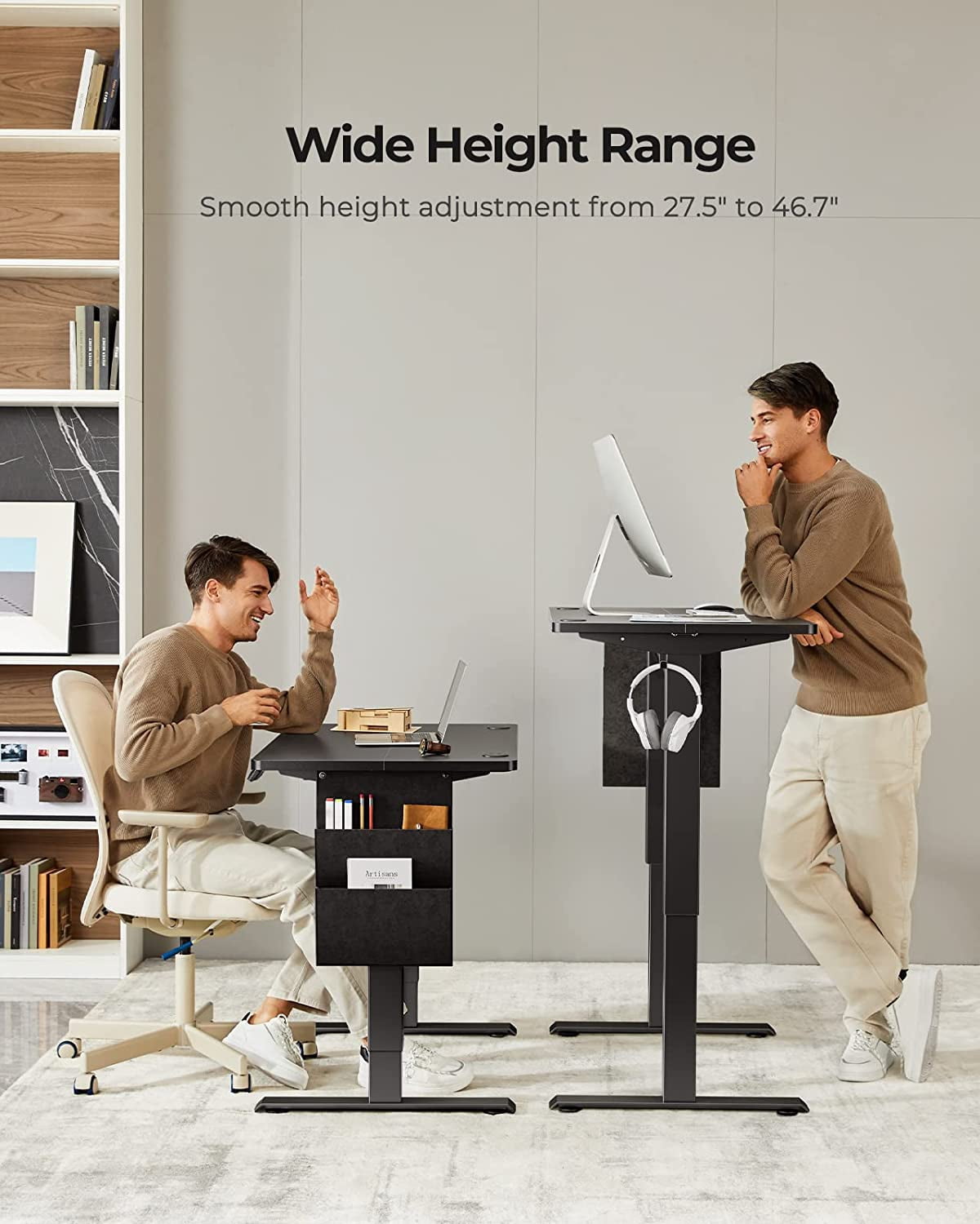 CHITOOMA Electric Standing Desk with Storage Bag, 48" x 24" Adjustable Height Sit to Stand Desk with 4 Memory Pre-Set, Headphone Hook for Home Office, Black