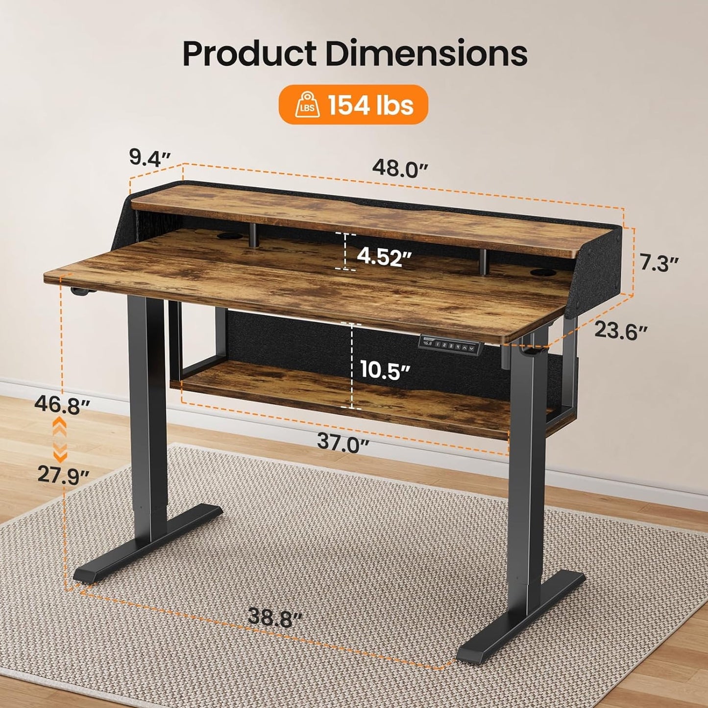 CHITOOMA Electric Standing Desk with LED & Storage, 48" x 24" Height Adjustable Computer Desk, C-Clamp Mount Compatible Ergonomic Table for Home Office, Brown