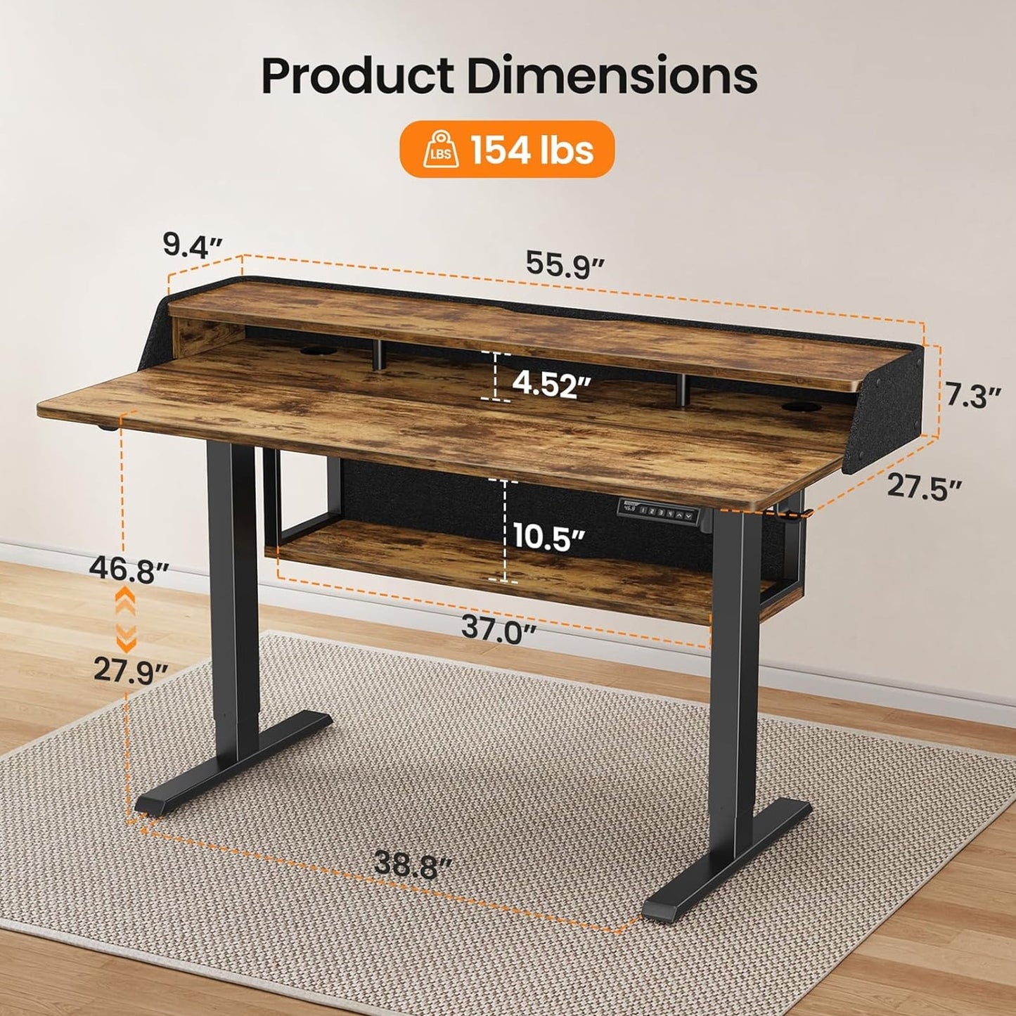 CHITOOMA Electric Standing Desk with LED & Storage, 55" x 28" Height Adjustable Computer Desk, C-Clamp Mount Compatible Ergonomic Table for Home Office, Brown