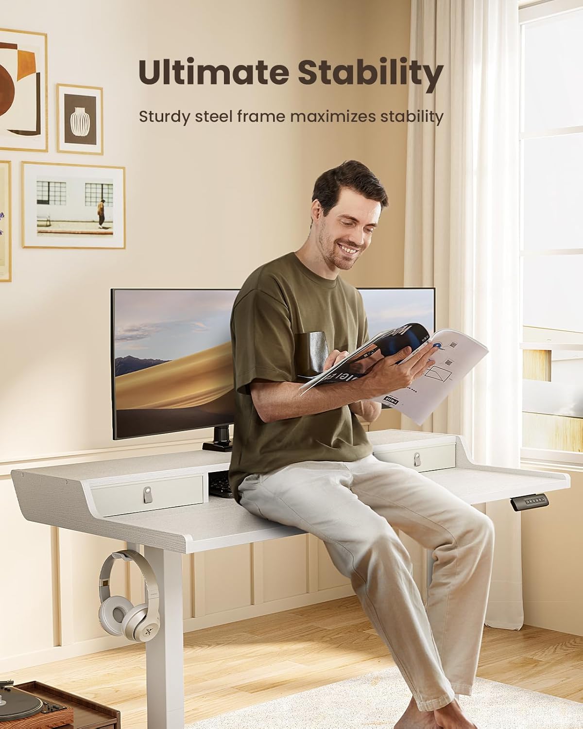 CHITOOMA 63″ x 28″ Electric Standing Desk with Drawers, Height Adjustable Gaming Desk with Monitor Stand & Storage Shelf, 4 Preset Heights for Home Office, White