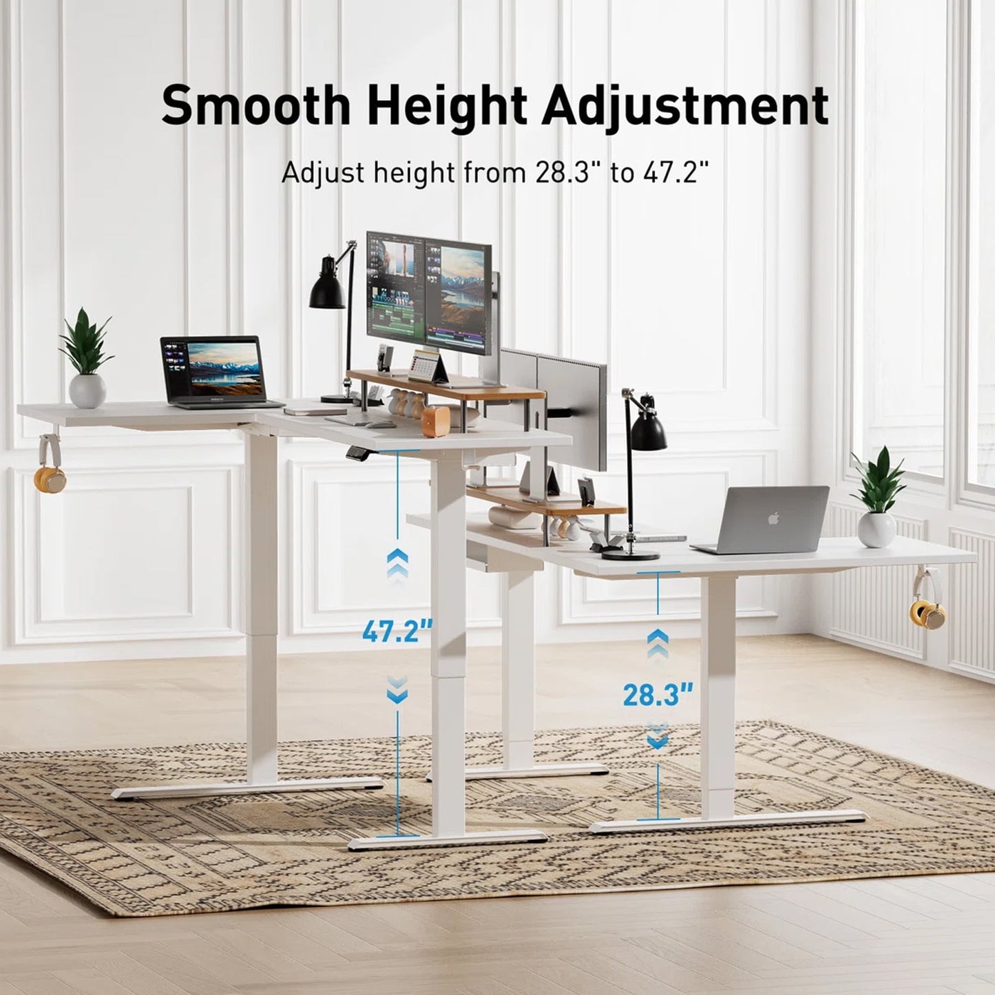 CHITOOMA L-Shaped Electric Standing Desk with Cable Tray, 71″ x 48″ Dual Motor Height Adjustable Sit to Stand Computer Desk with 3 Preset Heights, 2 Hooks for Home Office, White