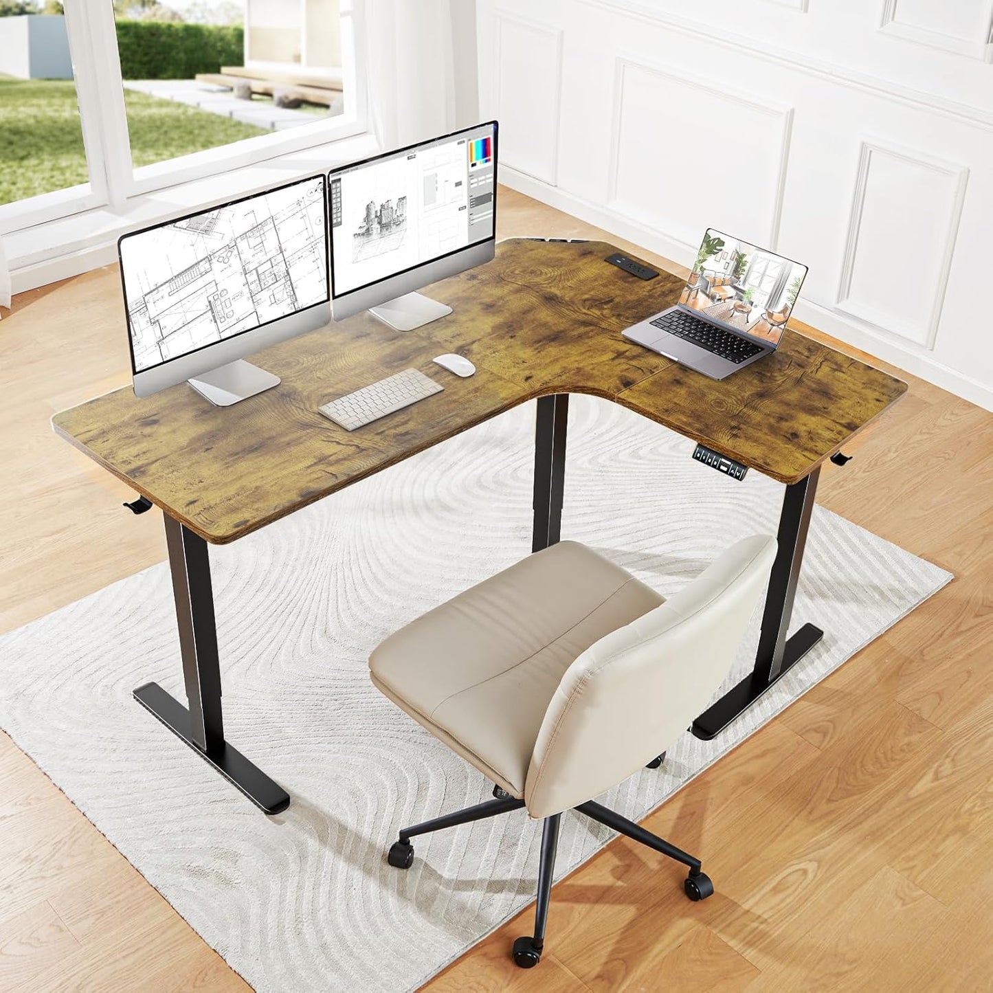 CHITOOMA 63″ Dual Motor L-Shaped Standing Desk, Built-in Power Outlets, Electric Height Adjustable, Large Power Strip Holder, Sit Stand Up Desk with 3 Preset Heights, Vintage Brown
