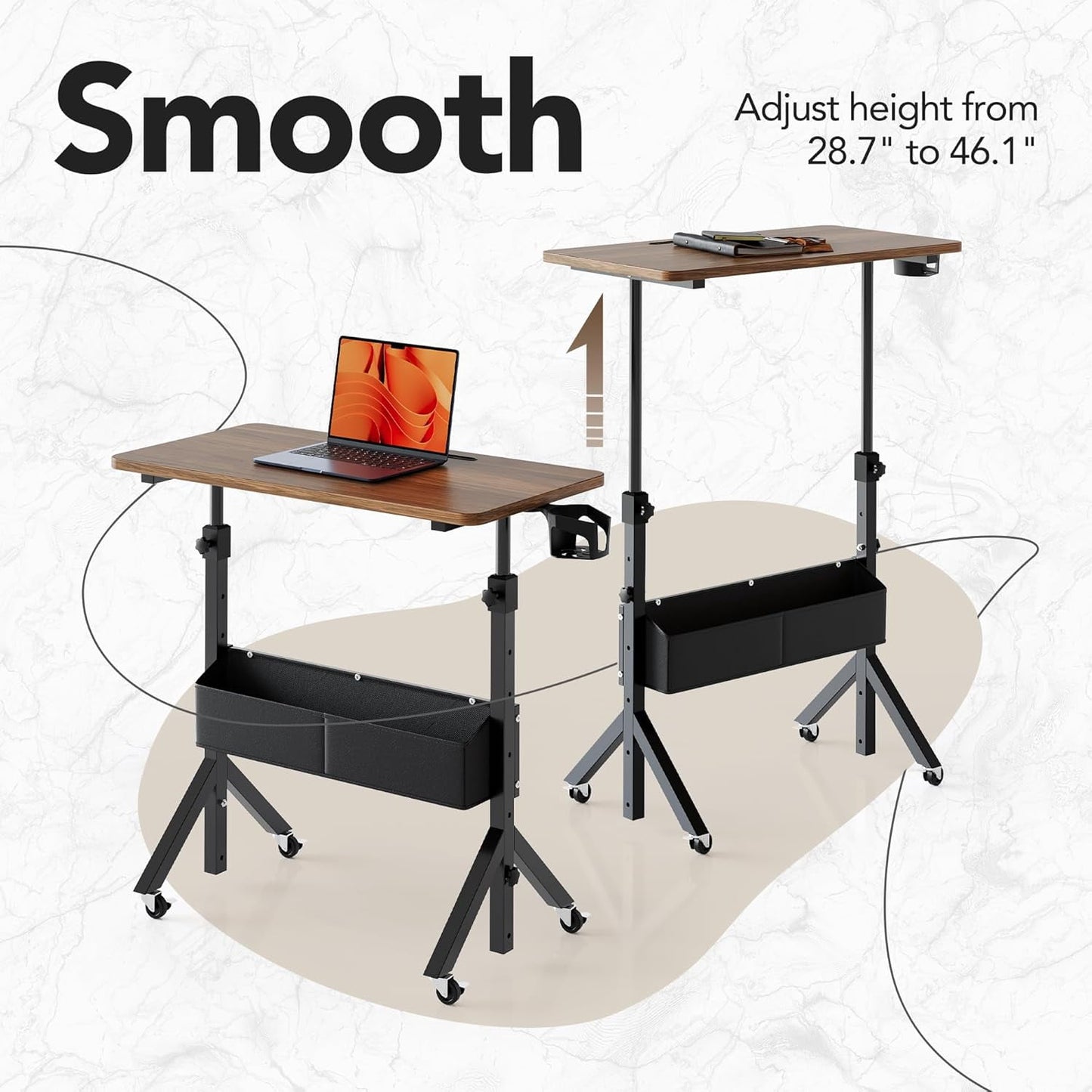 CHITOOMA Rolling Standing Desk Adjustable Height, Mobile Stand Up Desk for Walking Pad and Treadmill, Portable Computer Table with Wheels, 31.5"x15.75" Height 28.7"-46.1", Walnut