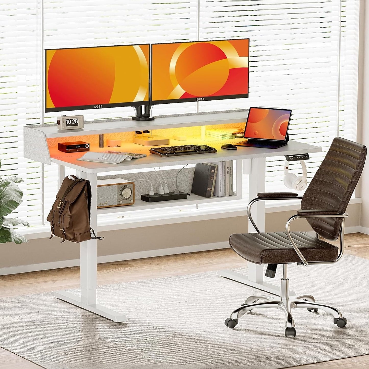 CHITOOMA Electric Standing Desk with LED & Storage, 55" x 28" Height Adjustable Computer Desk, C-Clamp Mount Compatible Ergonomic Table for Home Office, White