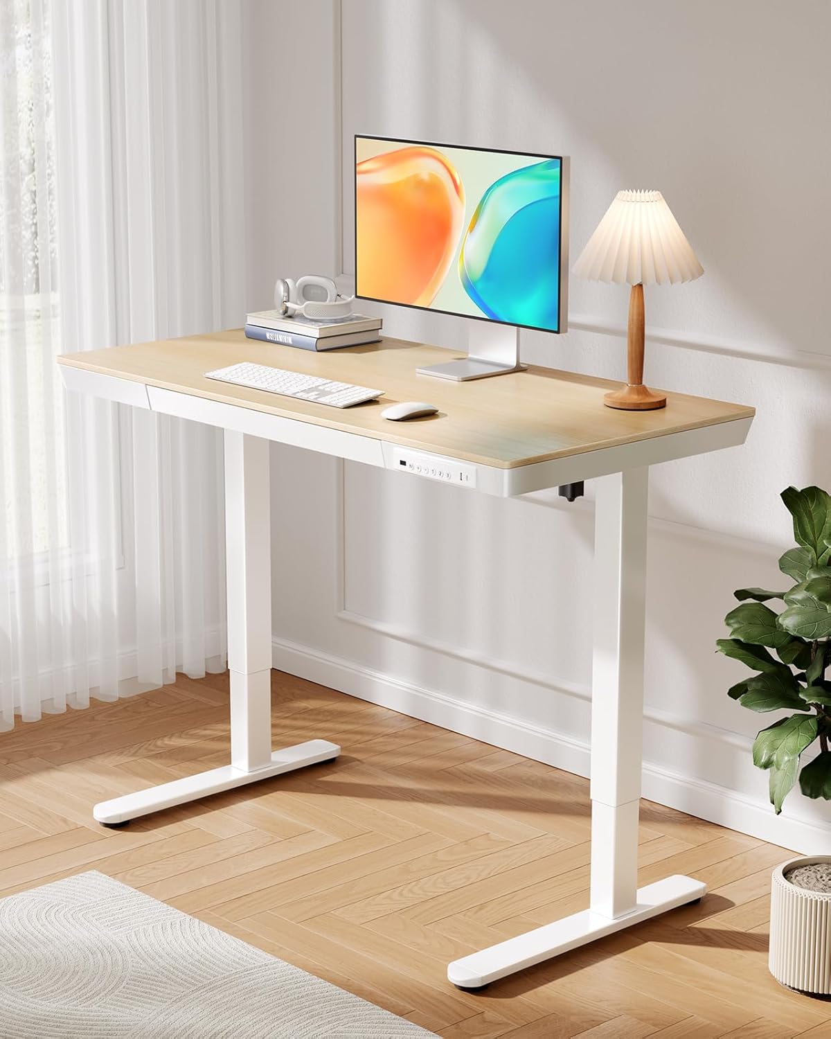 CHITOOMA One Piece Electric Standing Desk with Drawer, 48" x 24" Maple Wood-top Height Adjustable Office Desk with USB Charging Ports, Sit to Stand Desk for Home