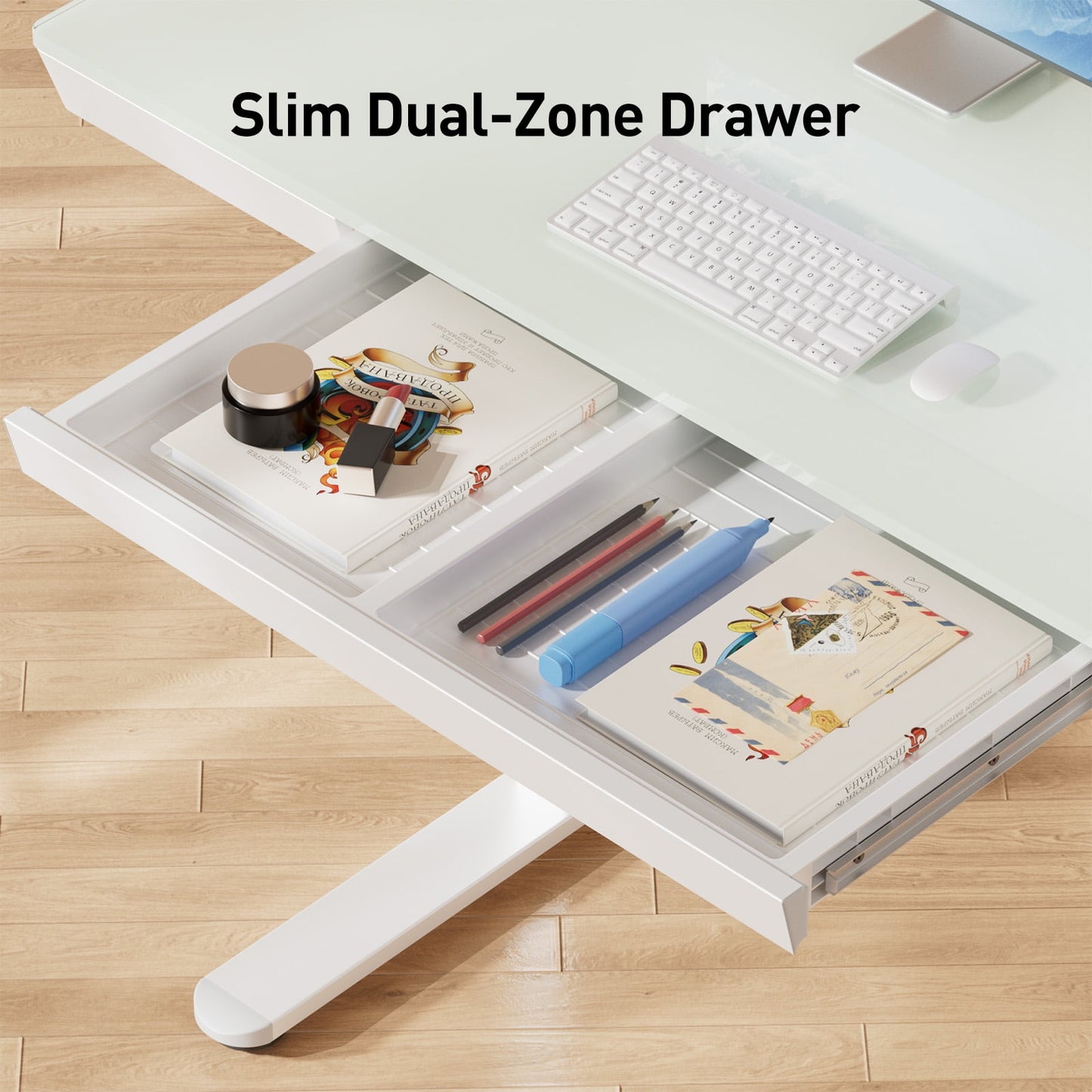 One-Piece Glass Standing Desk with USB & Type-C & Drawers, 40"×24" Electric Adjustable Stand Up Desk for Small Apartment, Glass Tabletop Office Computer Desk, White