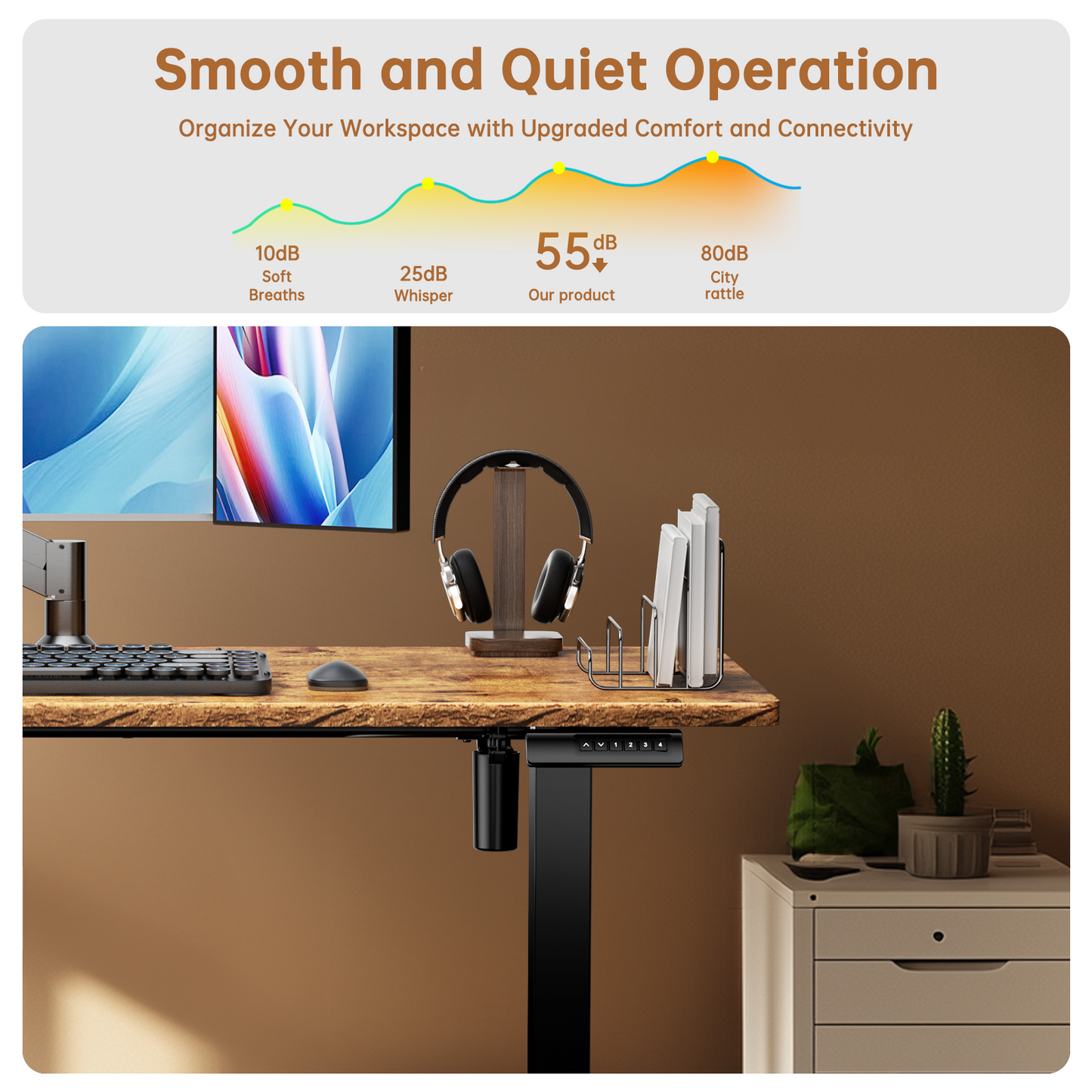 CHITOOMA 55" x 24" Electric Standing Desk, Adjustable Height Table with 4 Memory Pre-Set, Home Office Gaming Desk with Headphone Hook, Brown