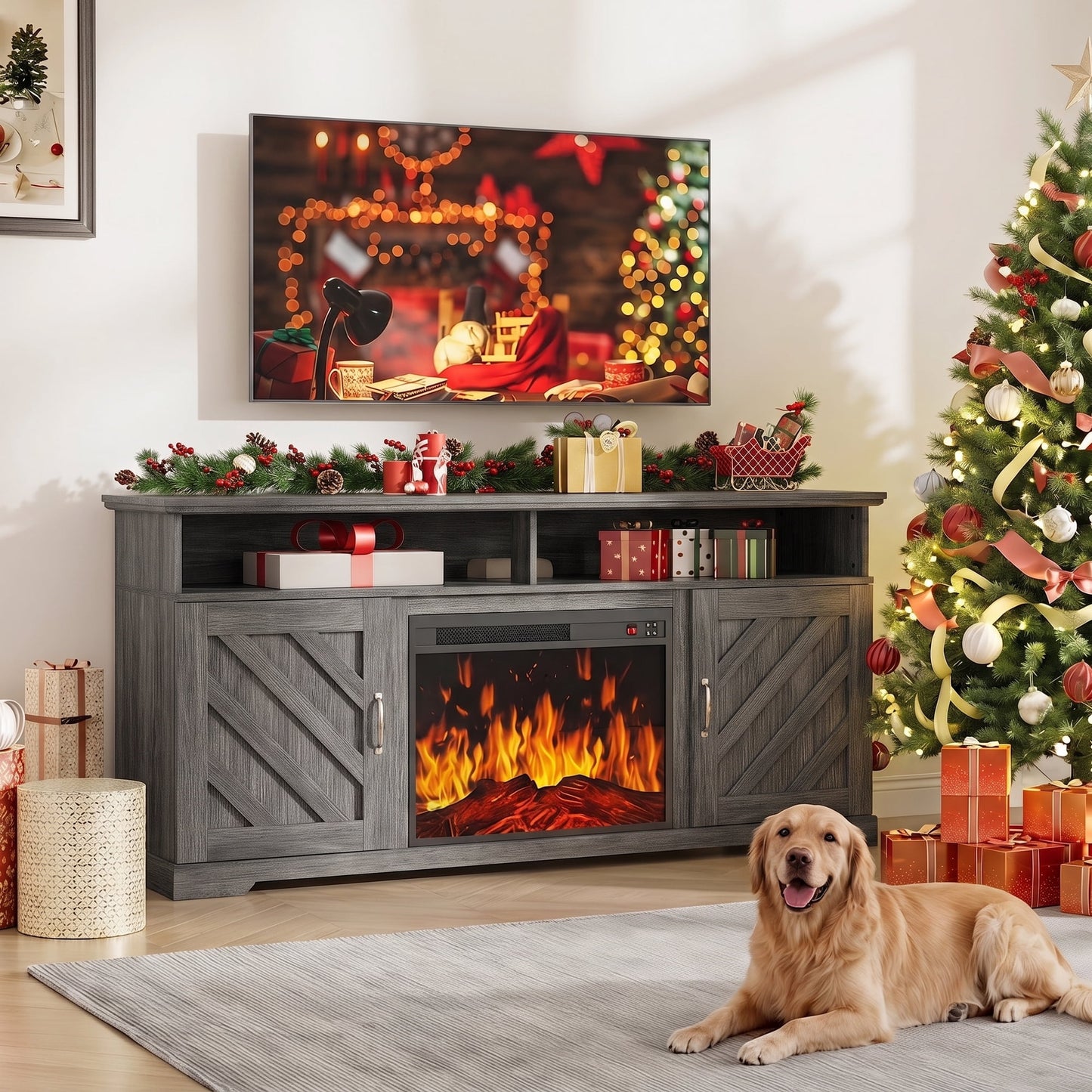 CHITOOMA Electric Fireplace TV Stand for 65 70 75 inch TV with Remote Control, Farmhouse Entertainment Center with 23″ Fireplace for Living Room, Bedroom,Gray