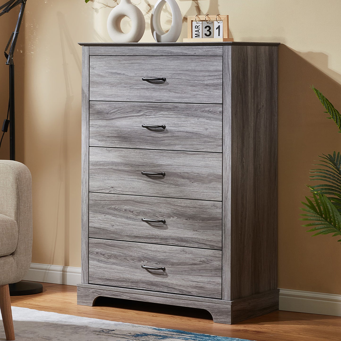 CHITOOMA 5 Drawer Dressers for Bedroom, Adult Tall Wooden Chest of Drawers, Storage Cabine for Living Room Entryway, Gray