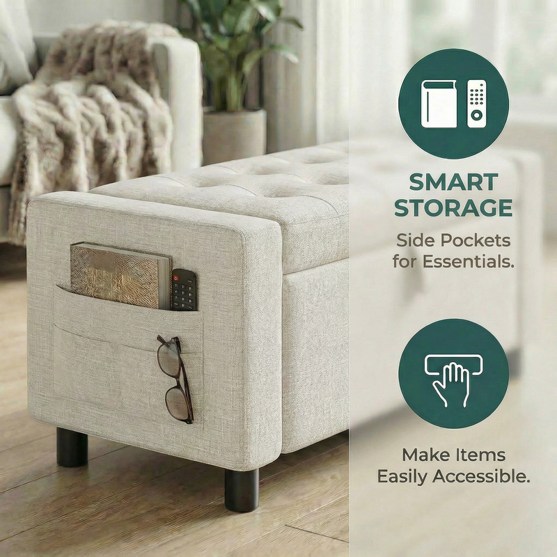46" Storage Ottoman Bench, 3.14" Thicker Upholstered End of Bed Bench with Folding Cover, Side Pocket, 400lb Capacity, for Living Room, Bedroom, Beige