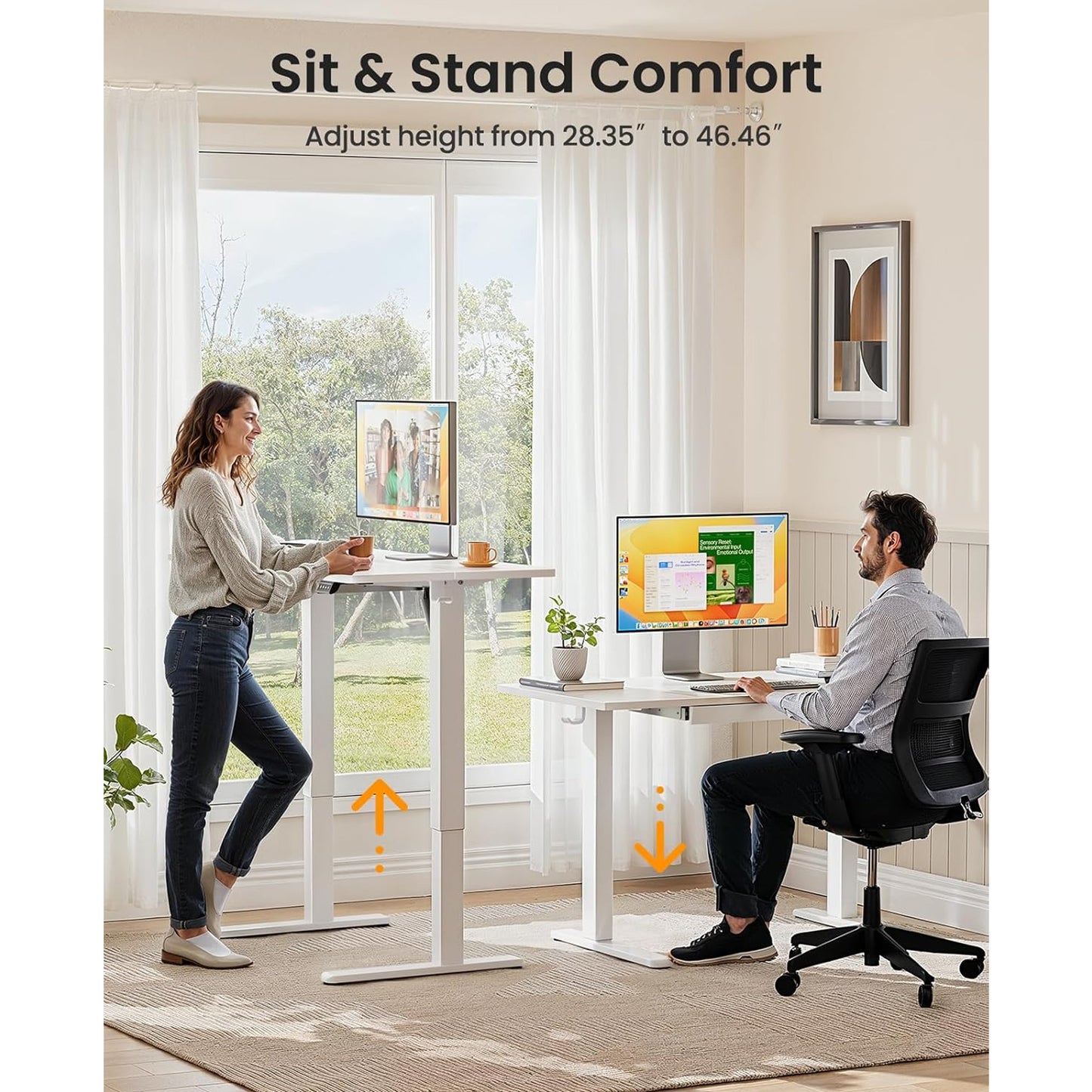 CHITOOMA Electric Standing Desk with Built-in Drawer, 44" x 24" Adjustable Height Computer Desk, 4 Memory Presets for Home Office, White