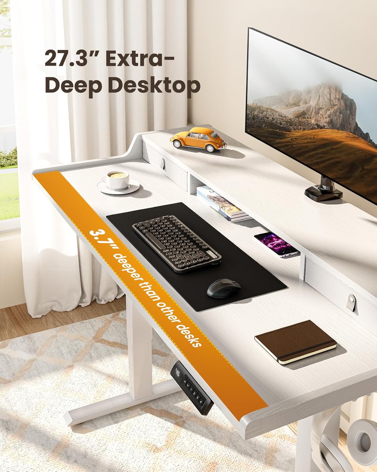 CHITOOMA 63″ x 28″ Electric Standing Desk with Drawers, Height Adjustable Gaming Desk with Monitor Stand & Storage Shelf, 4 Preset Heights for Home Office, White