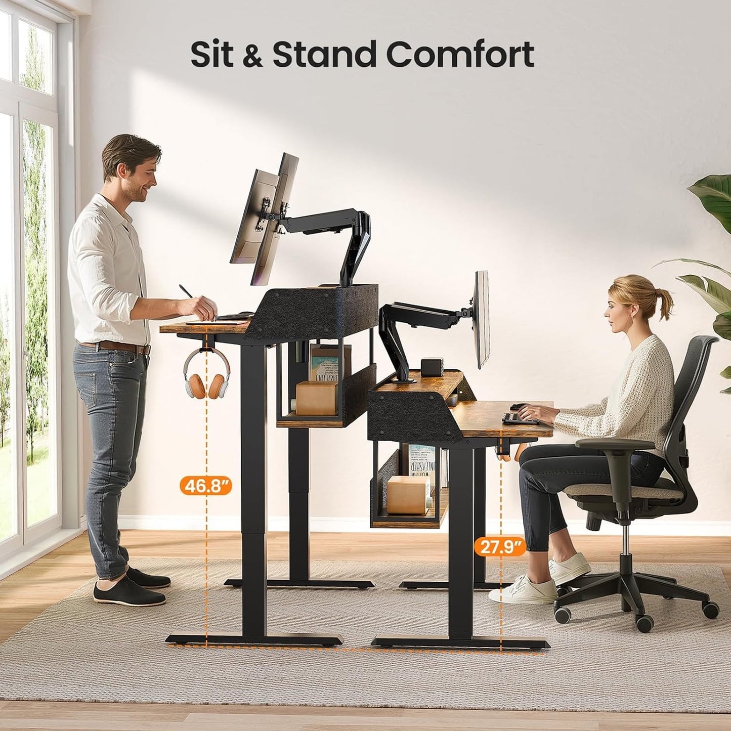CHITOOMA Electric Standing Desk with LED & Storage, 48" x 24" Height Adjustable Computer Desk, C-Clamp Mount Compatible Ergonomic Table for Home Office, Brown
