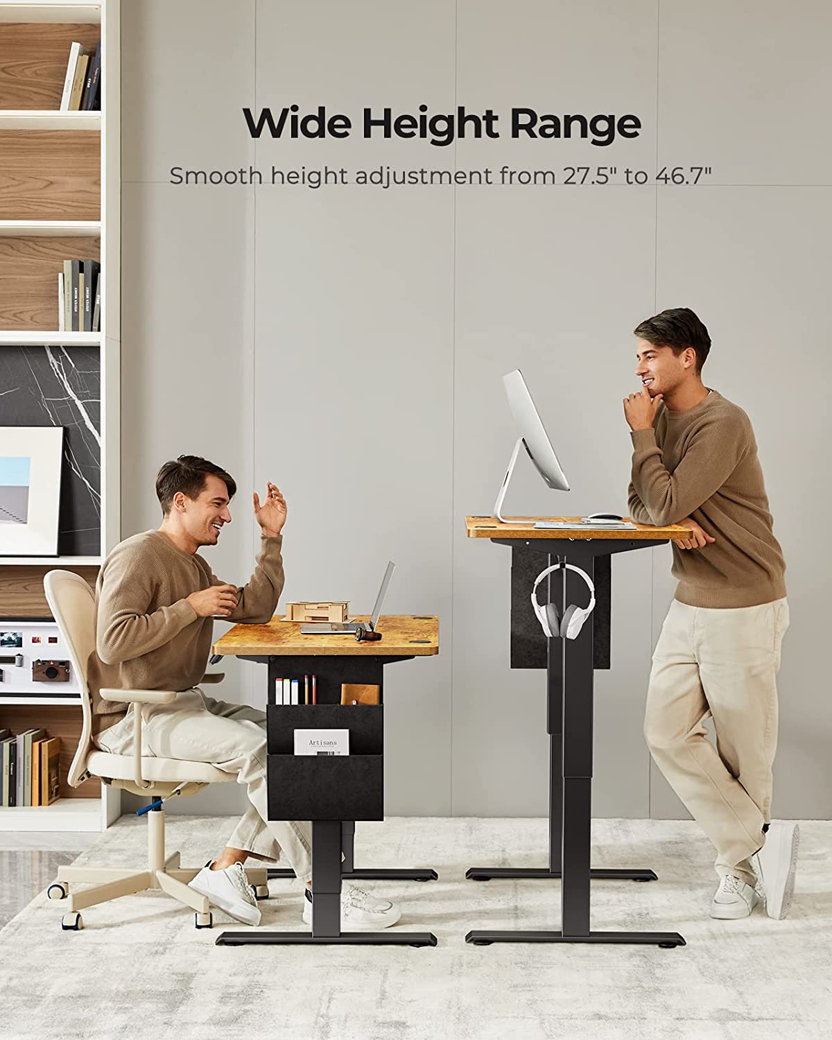 CHITOOMA Electric Standing Desk with Storage Bag, 40" x 24" Adjustable Height Sit to Stand Desk with 4 Memory Pre-Set, Headphone Hook for Home Office, Rustic Brown